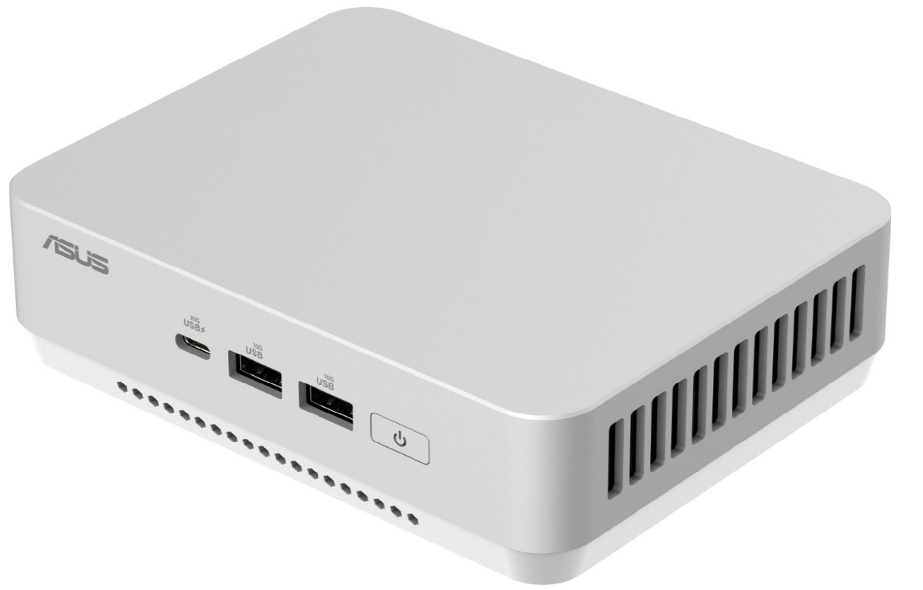 Mały, biały komputer ASUS z portami USB i przyciskiem zasilania. Znajduje się na białej powierzchni.