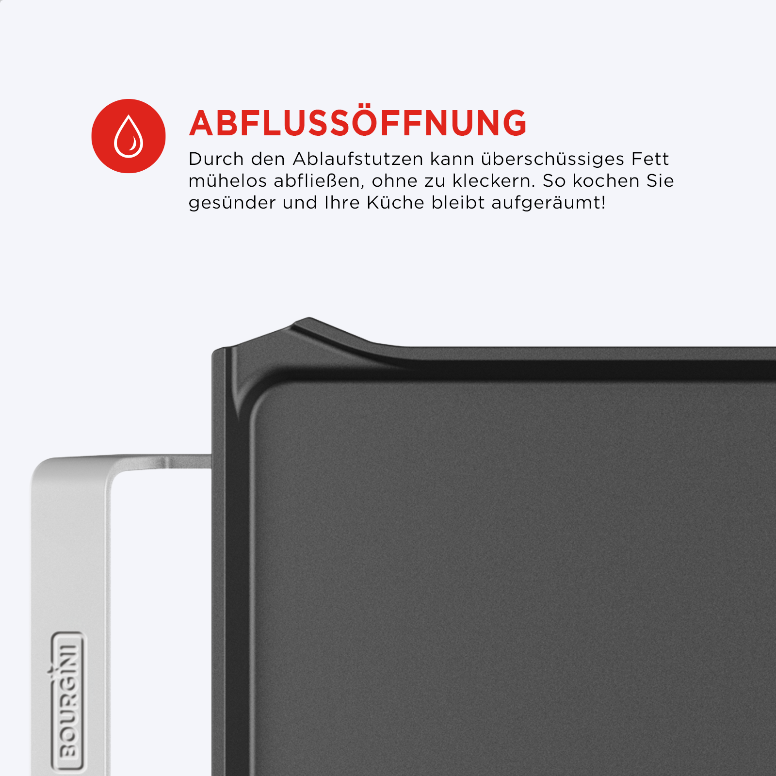 Black griddle with text. Red droplet symbol above. White background.