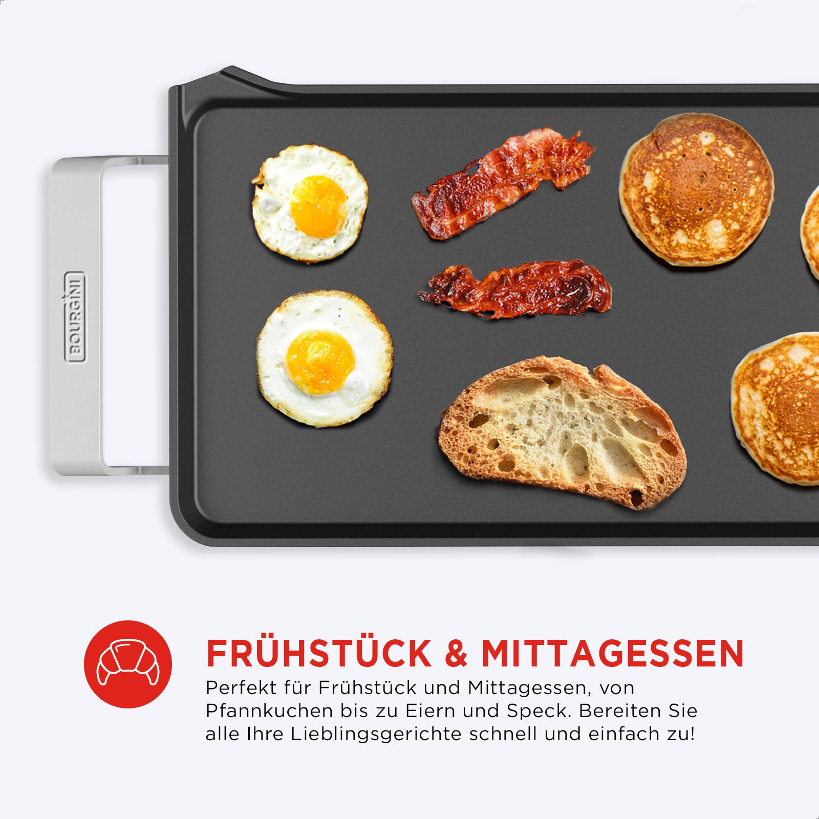 A griddle with cooked eggs, bacon, pancakes, and bread. Text says 'Breakfast & Lunch'.