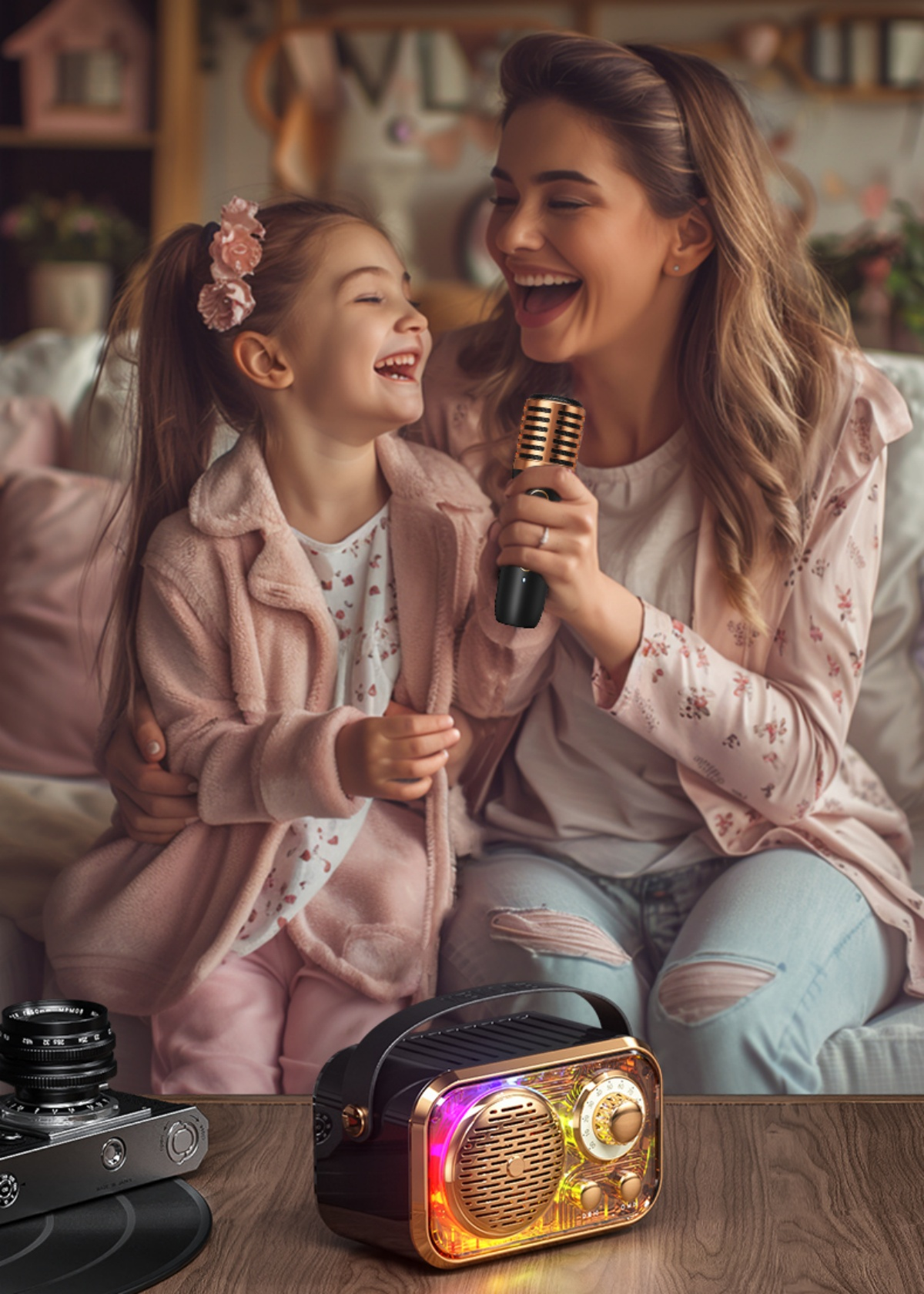 Eine Frau und ein Mädchen lachen, halten ein Mikrofon und ein Radio. Das Radio hat Lichter. Der Raum ist warm.