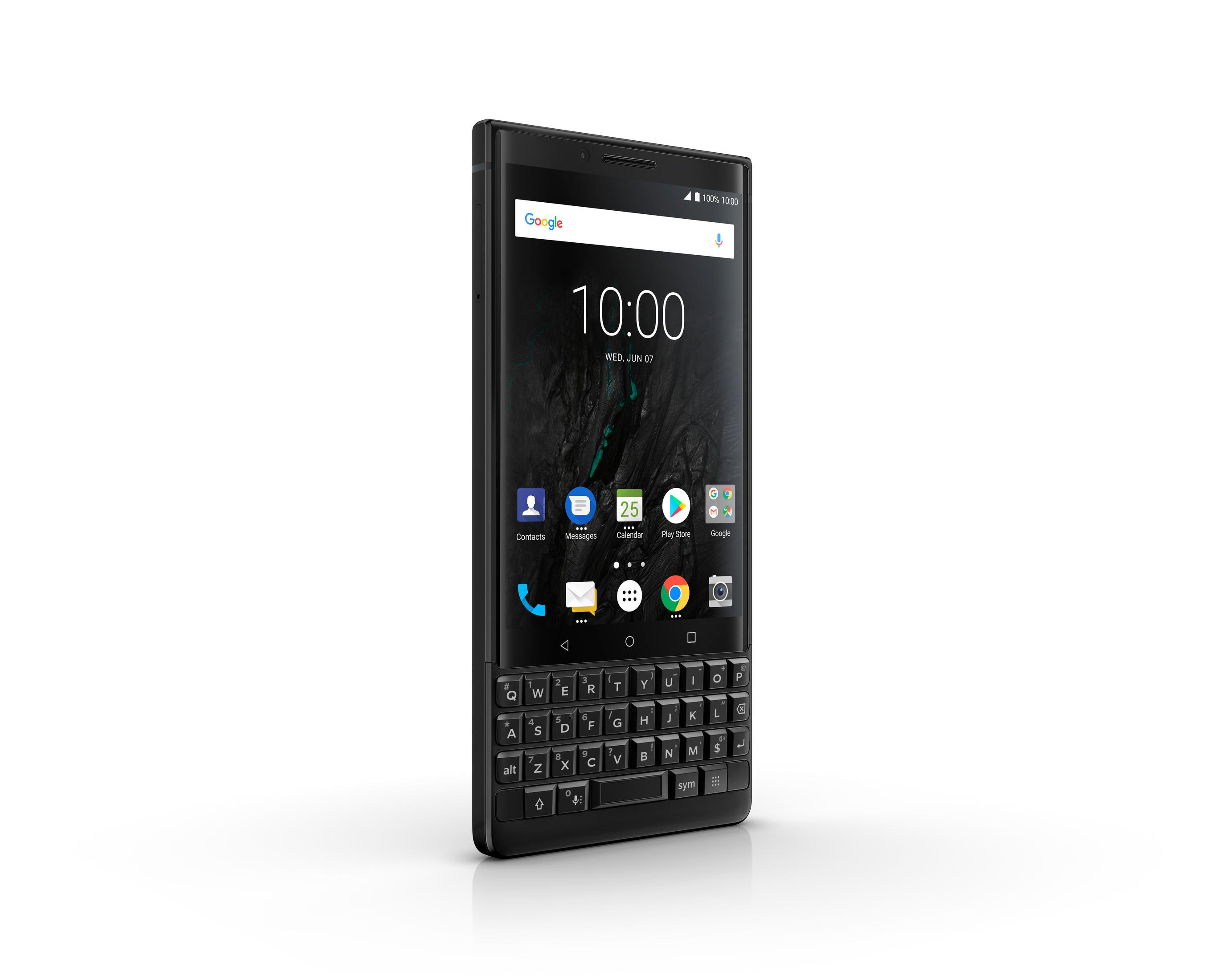 Schwarzes Smartphone mit Tastatur, zeigt die Uhrzeit und App-Symbole an.