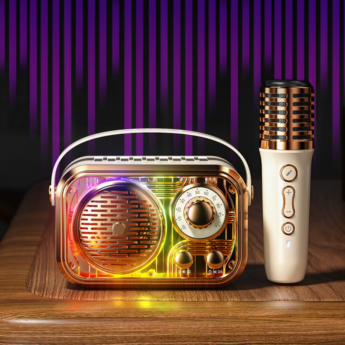 Gold-weißes Radio mit Mikrofon. Ein lila-schwarz gestreifter Hintergrund.