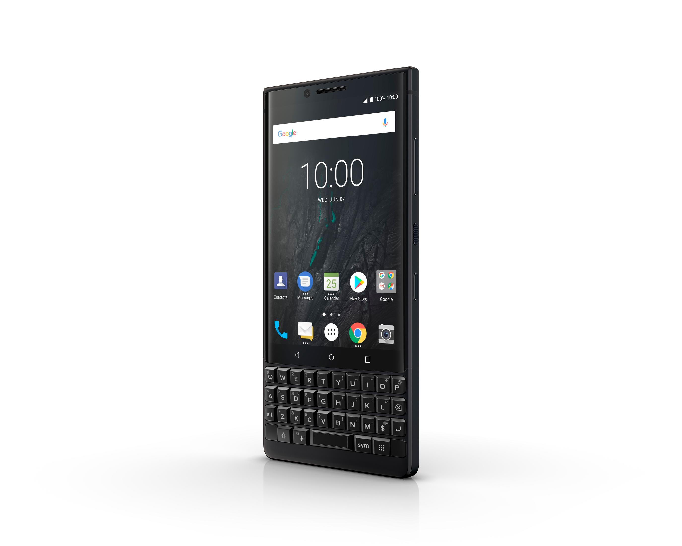 Ein schwarzes Smartphone mit Tastatur und einem Bildschirm, der die Uhrzeit anzeigt.