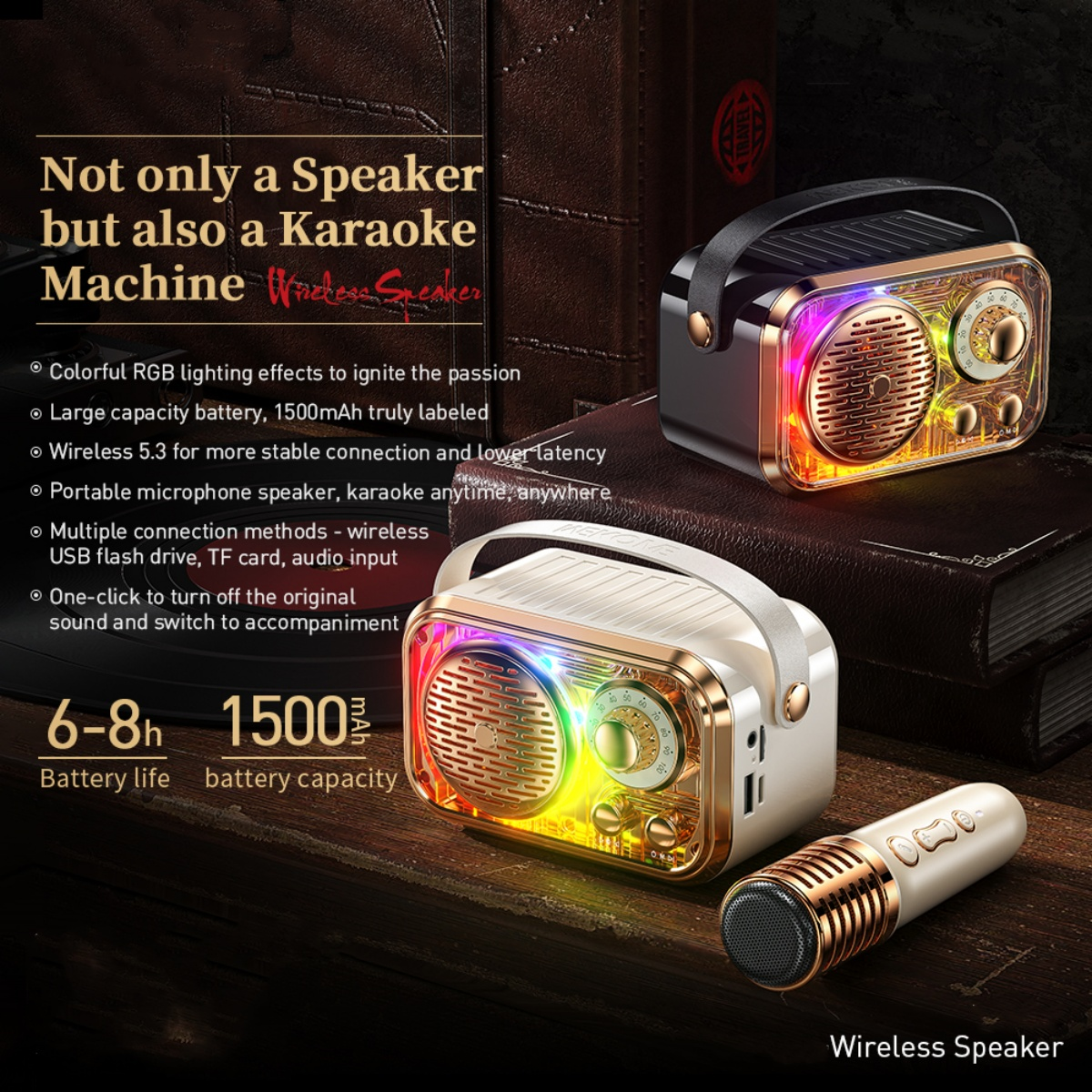 Zwei Lautsprecher mit einem Mikrofon. Ein Lautsprecher ist golden, der andere schwarz. Text: Wireless Speaker, 6-8h Akkulaufzeit.