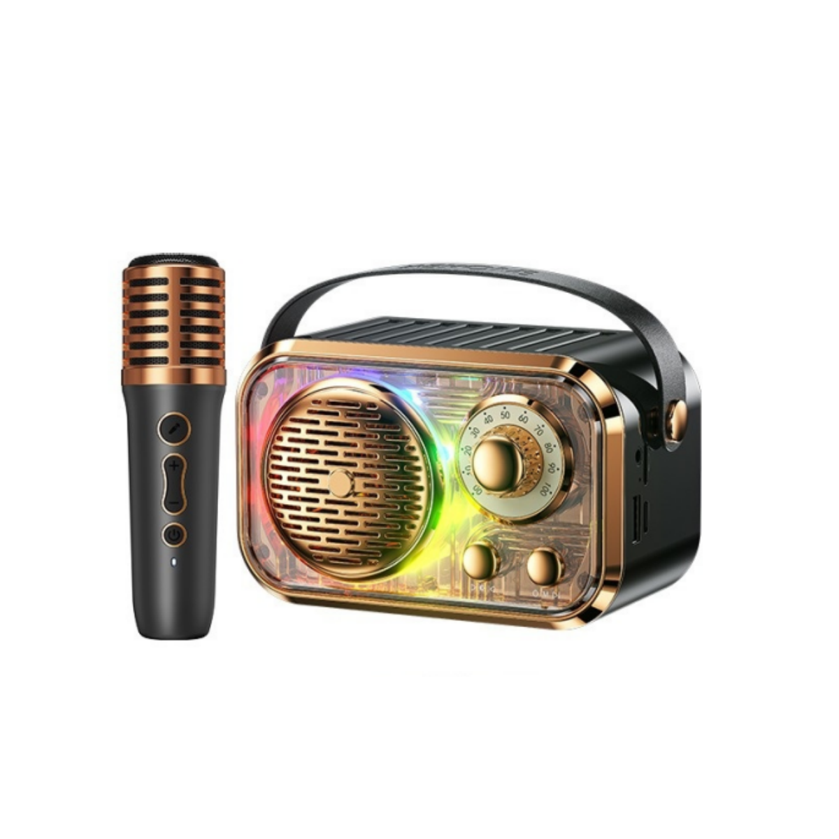 Radio im Retro-Stil mit Mikrofon. Das Radio hat einen Griff und farbwechselnde Lichter.