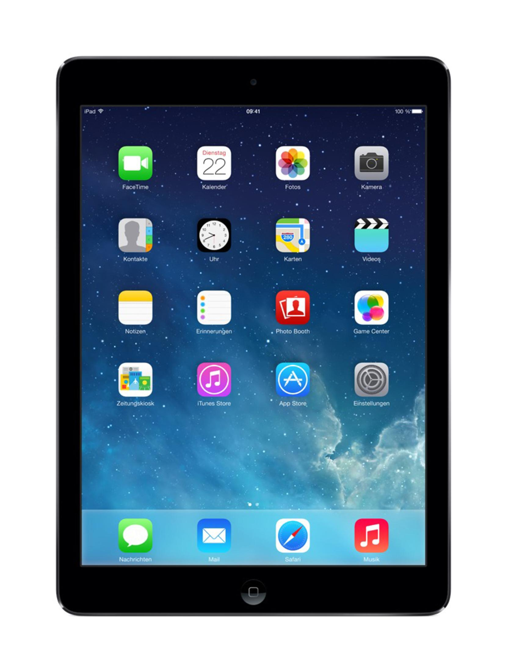 iPad mit angezeigten Apps. Schwarzer Rahmen, App-Symbole auf dem Bildschirm. Nachrichten, Mail, Safari und Einstellungen sind sichtbar.