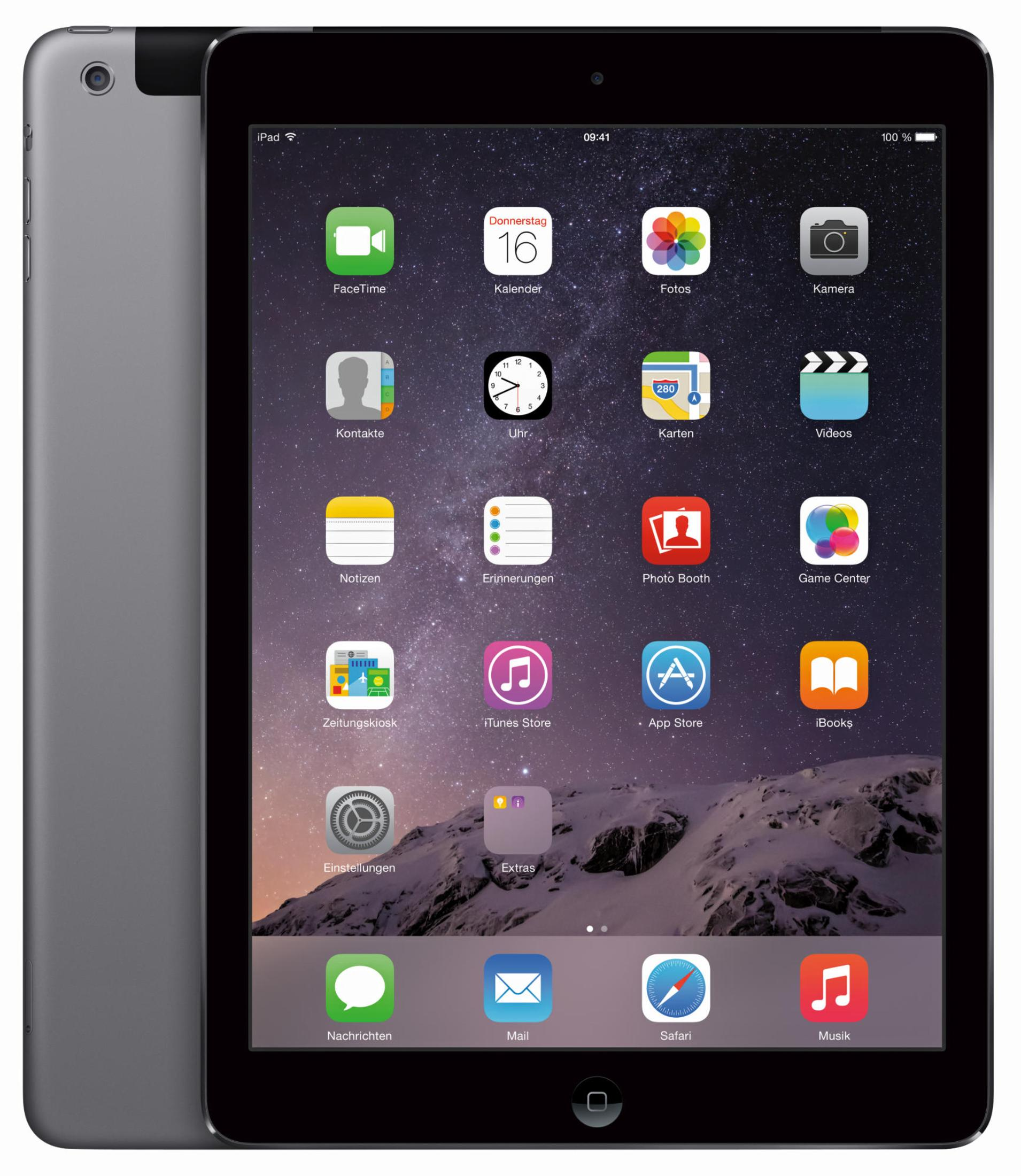 Czarny iPad z szarym tyłem, wyświetlający ekran główny z ikonami aplikacji i zegarem.