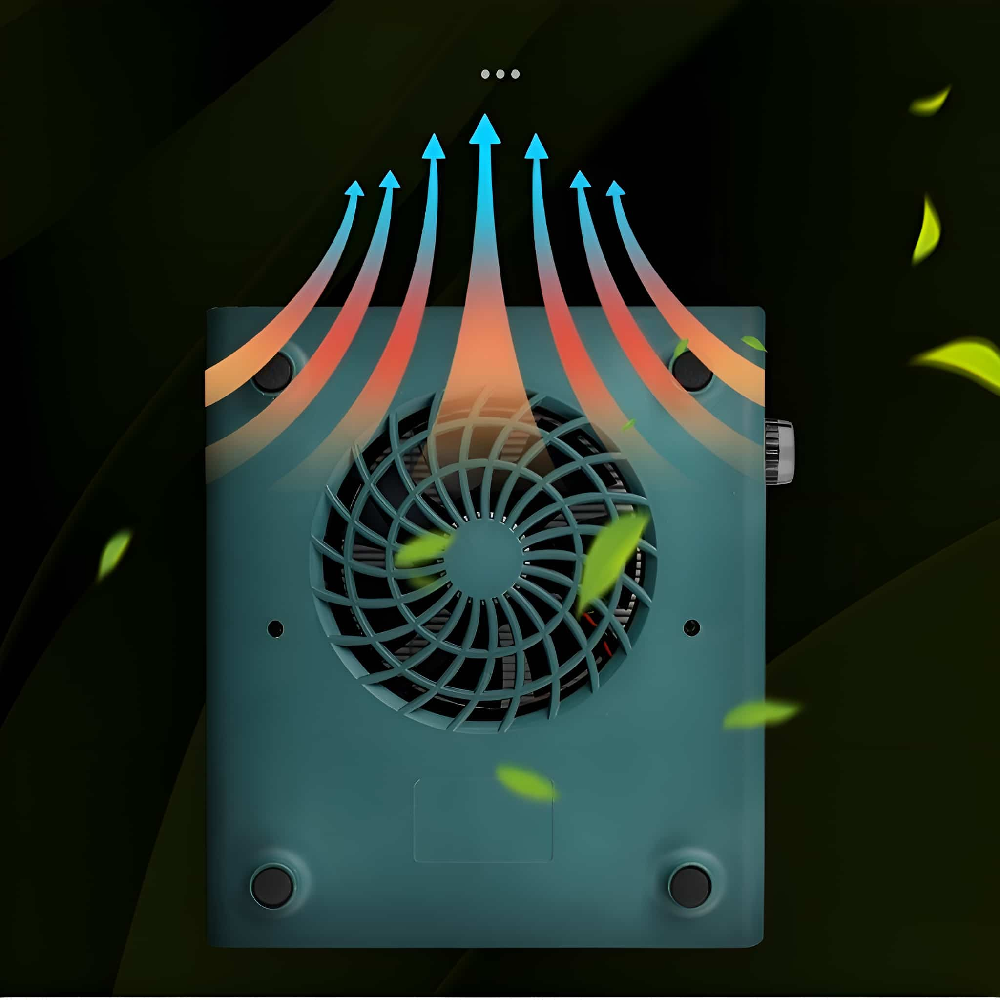 Türkisfarbener Ventilator mit Pfeilen, die den Luftstrom darstellen, grüne Blätter vor dunklem Hintergrund.