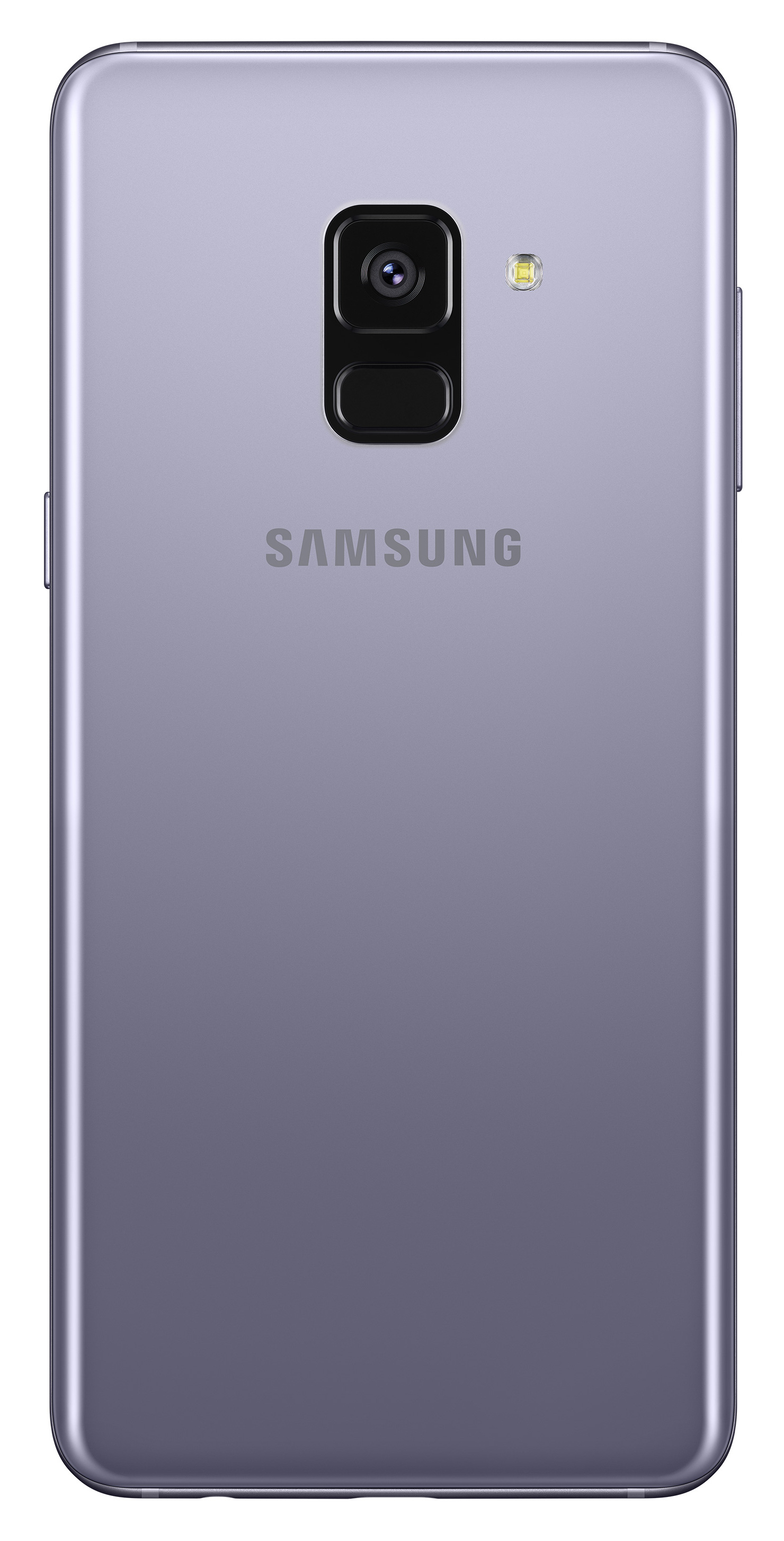 Die Rückseite eines lilafarbenen Samsung-Telefons. Es hat eine Kamera und das Samsung-Logo.
