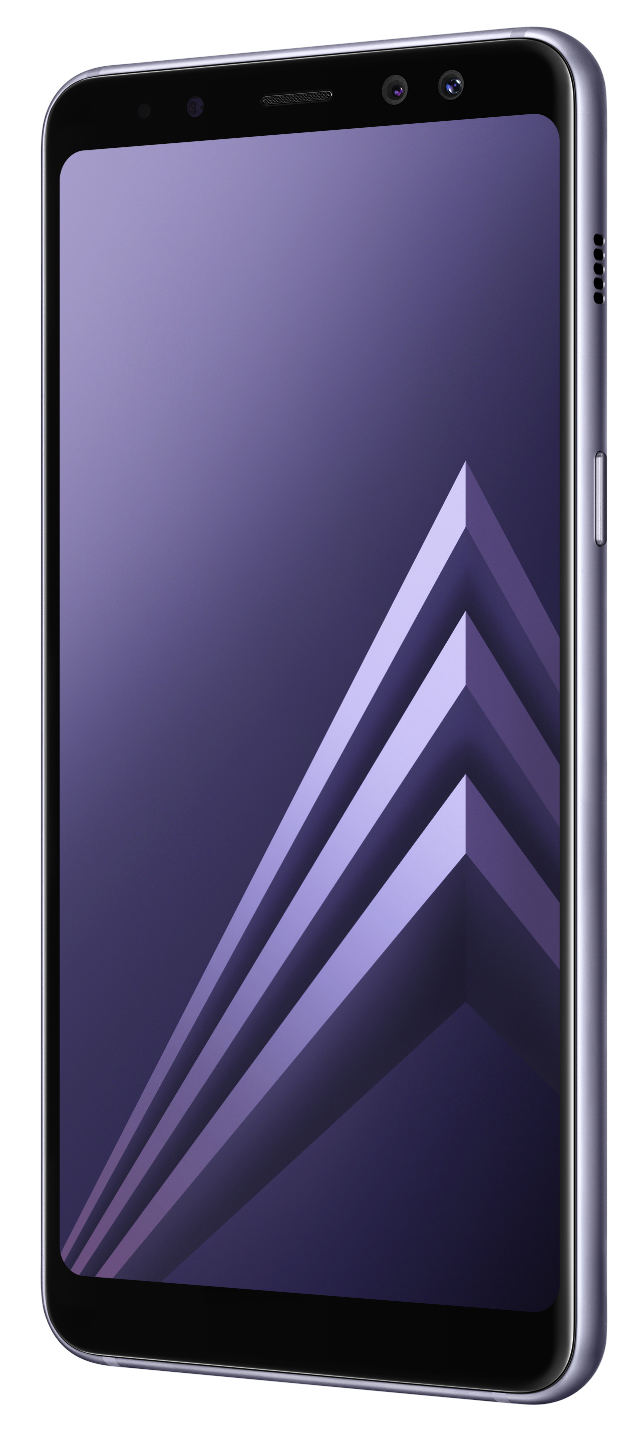 Ein lila Smartphone mit dunklem Bildschirm, abgewinkelt und fokussiert.