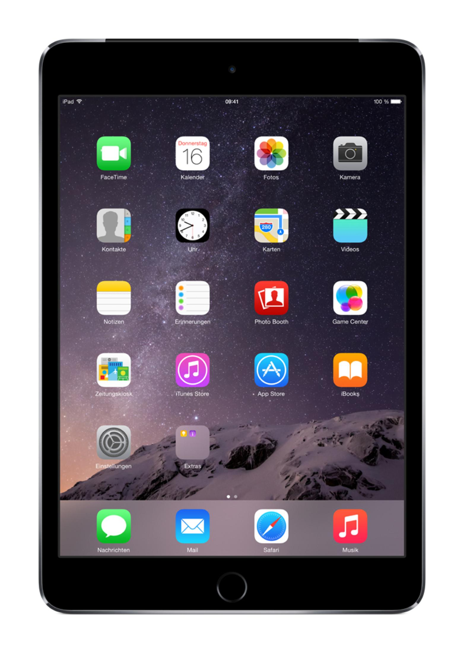 iPad mit Symbolen auf dem Bildschirm. Apps umfassen FaceTime, Kalender, Fotos, Kamera usw. Berge im Hintergrund.