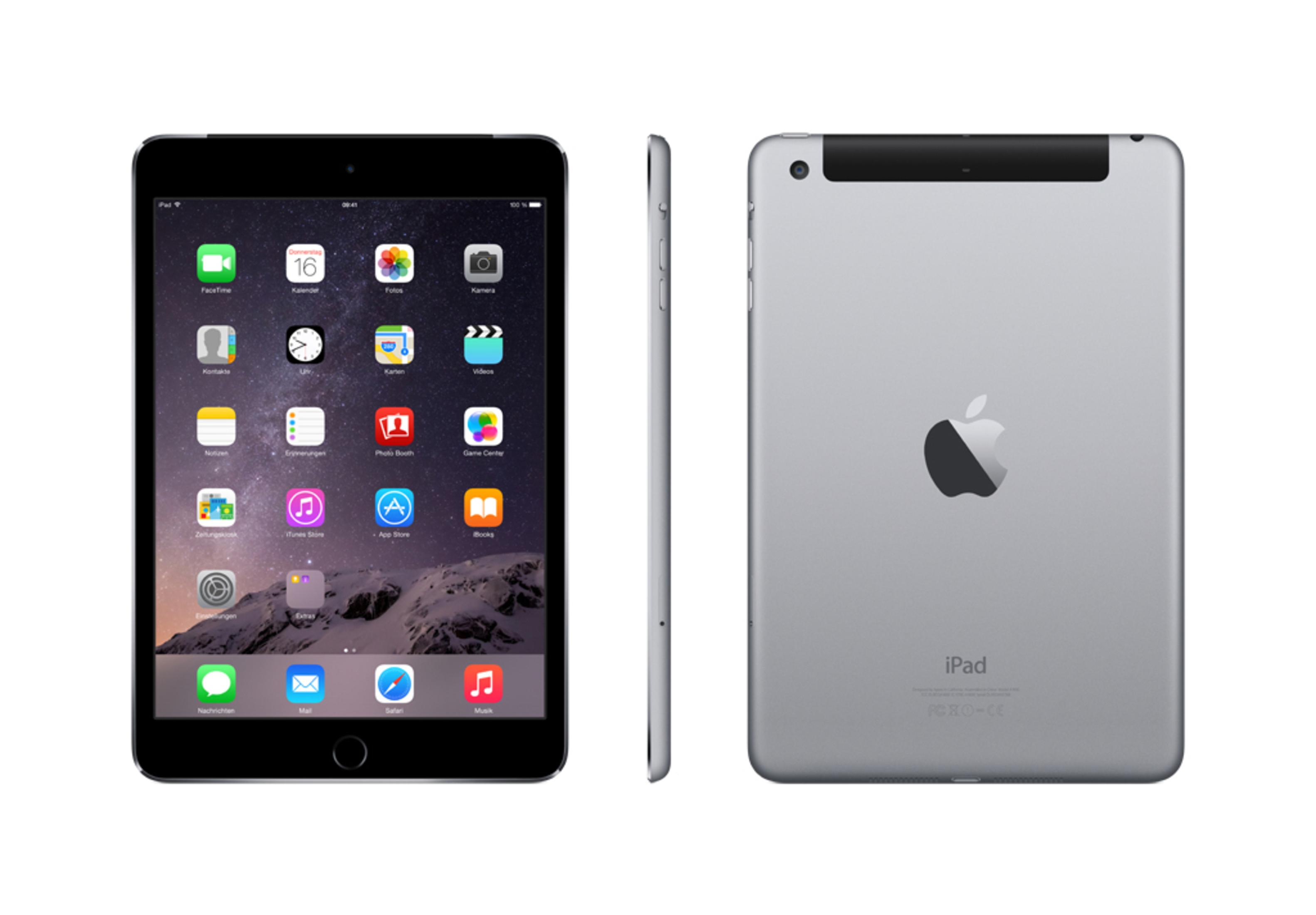 Drei Ansichten eines schwarzen iPads. Vorder-, Seiten- und Rückansicht mit Apps, Logo und Anschlüssen.