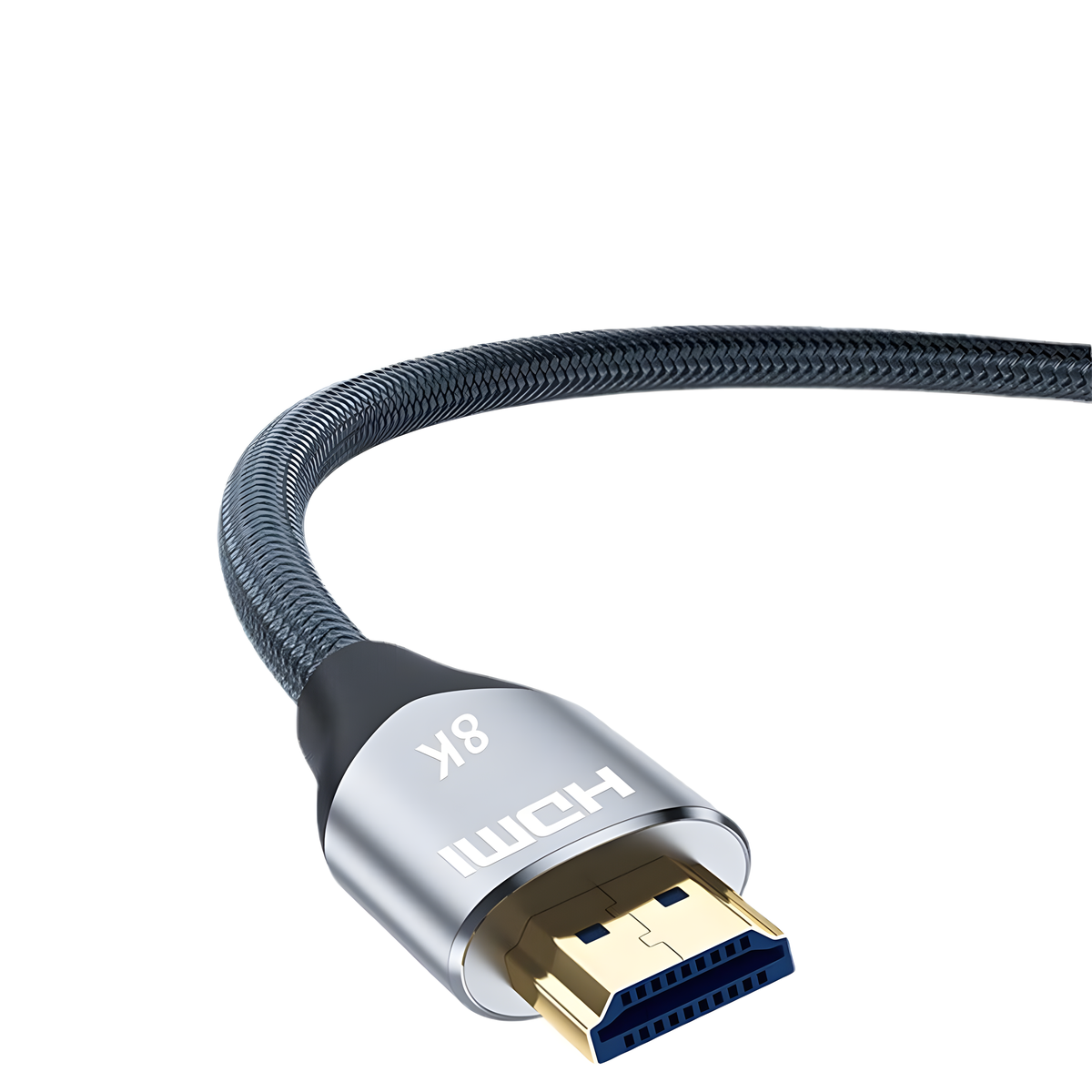 HDMI-Kabel. Silberner Stecker und ein schwarzes geflochtenes Kabel.
