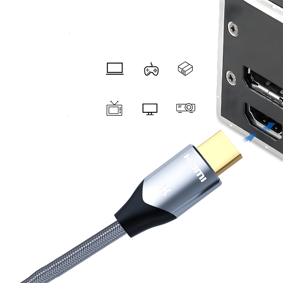 Ein HDMI-Kabel, das in ein Gerät eingesteckt ist. Das Kabel ist mit einem Gerät mit mehreren Anschlüssen verbunden.