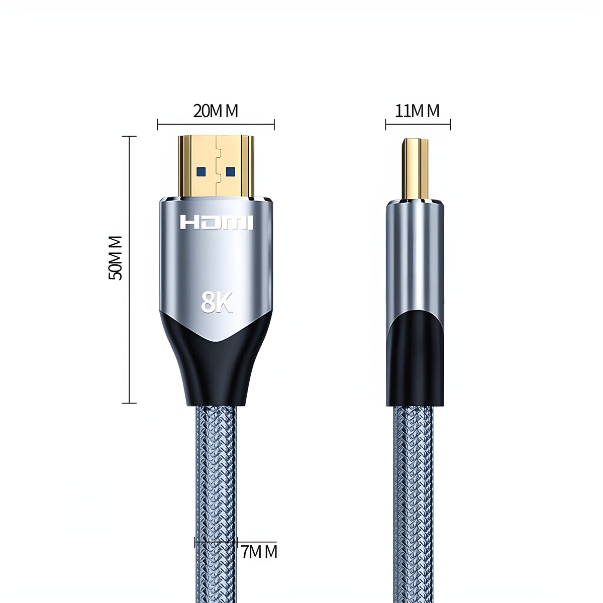 Ein silbernes und schwarzes HDMI-Kabel mit Längenangaben. HDMI-Logo oben auf dem Kabel.