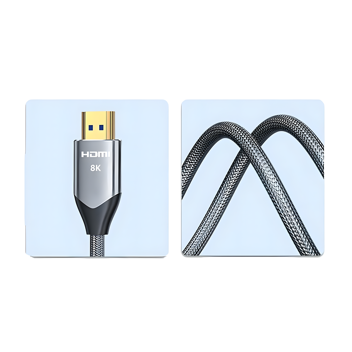 Nahaufnahme von HDMI-Kabel und -Anschluss, zeigt 8K-Detail und geflochtenes Kabel.