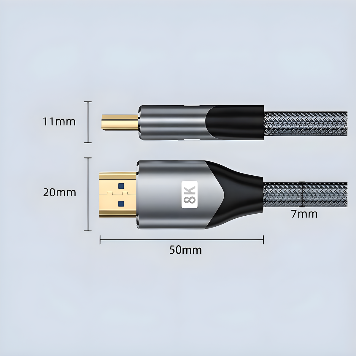 HDMI-Kabel mit Größenmessungen auf einem Farbverlaufshintergrund.