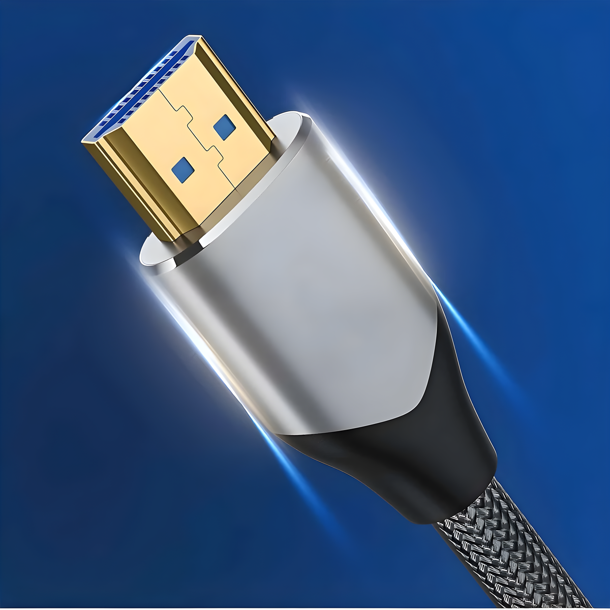 HDMI-Kabel mit goldenem Stecker, silbernem Körper und schwarzem Kabel. Blauer Hintergrund.