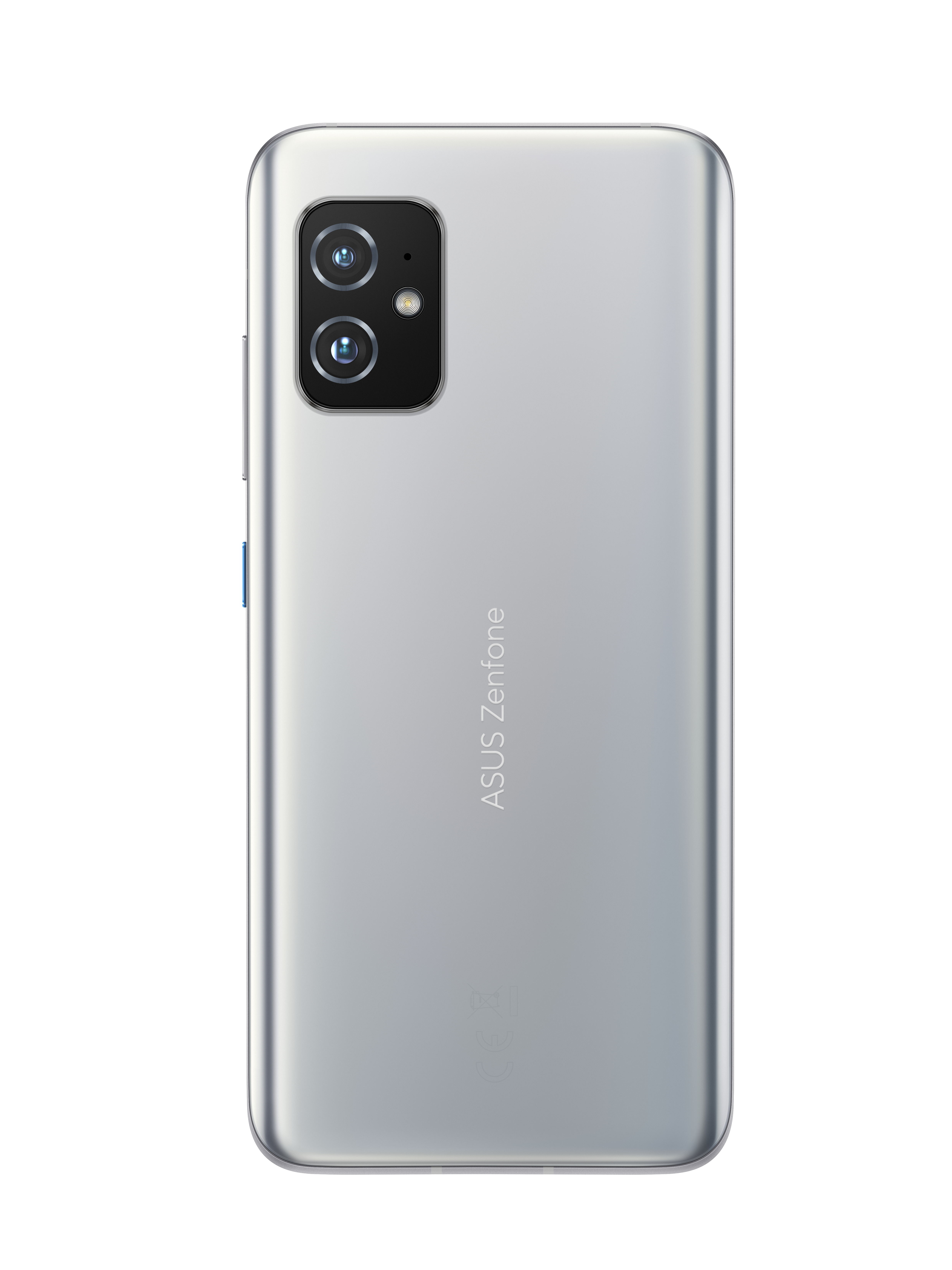 Ein silbernes Smartphone, Rückansicht, mit zwei Kameralinsen und den Worten 'ASUS Zenfone'.