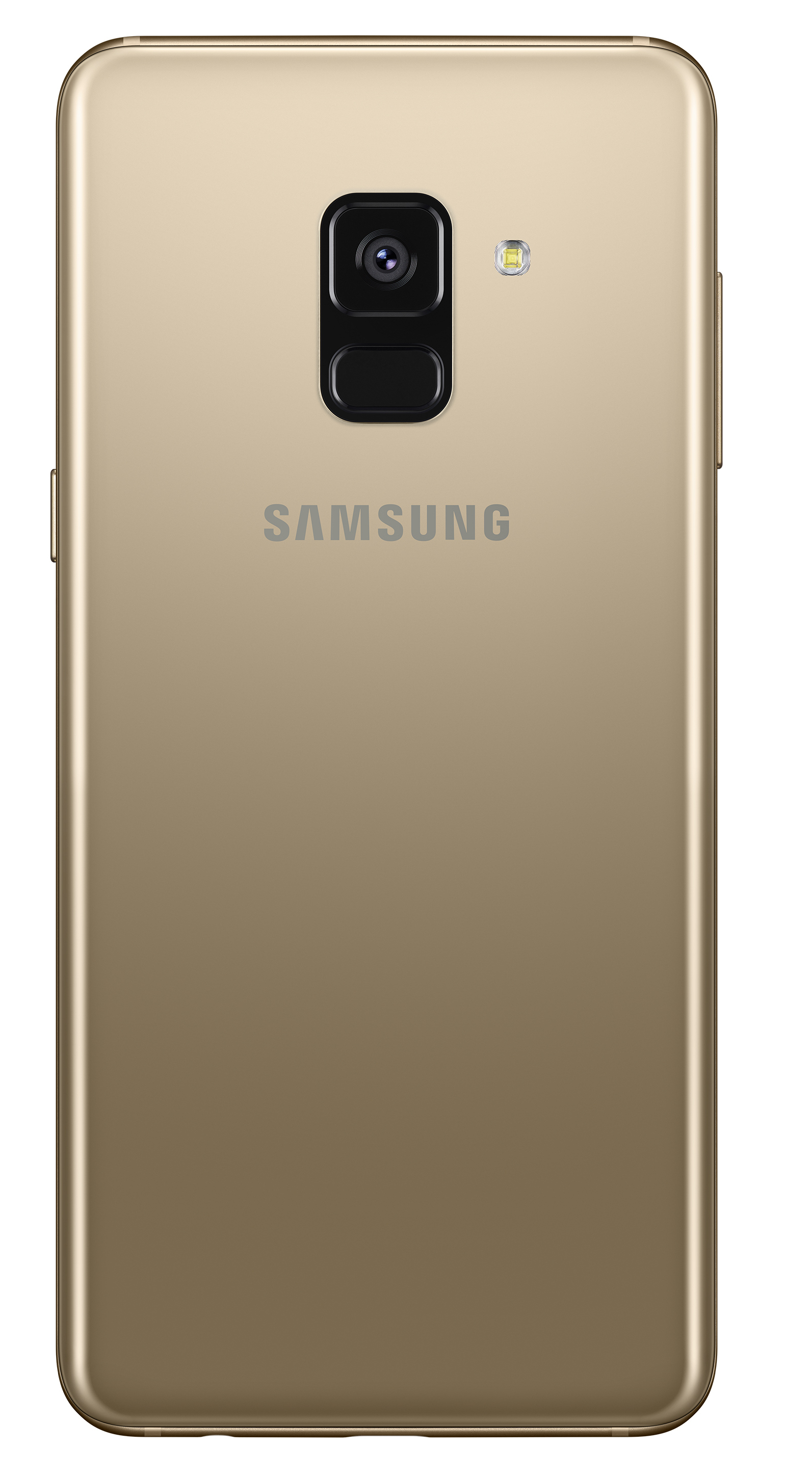 Goldenes Smartphone-Rückseite mit Samsung-Logo, Kamera und Blitz. Minimalistisches und schlankes Design.