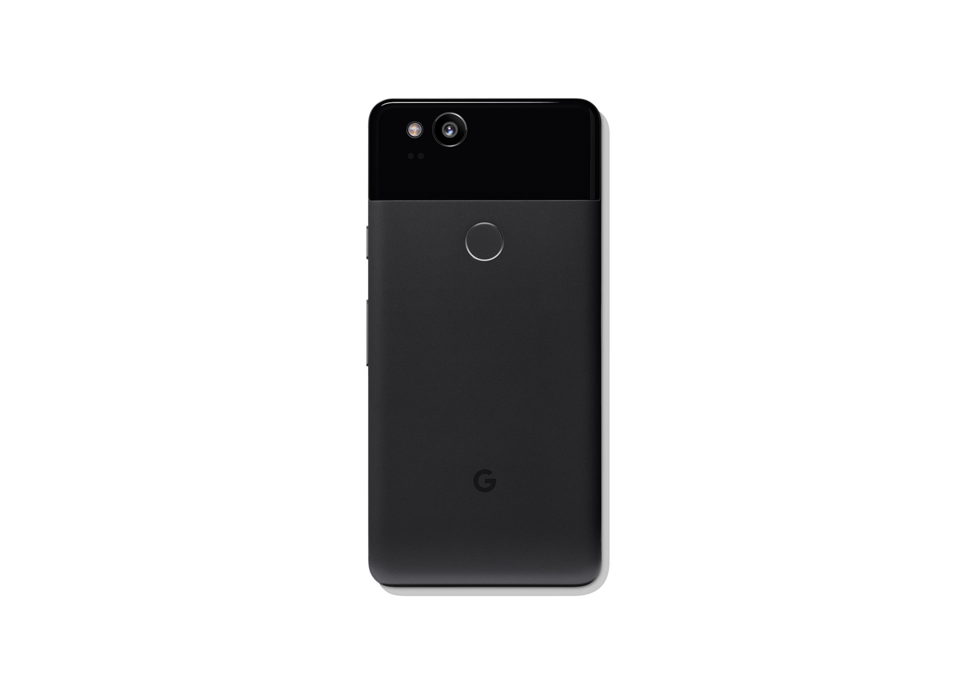 Die Rückseite eines schwarzen Smartphones mit zwei Kameras und einem Fingerabdrucksensor, auf weißem Grund.