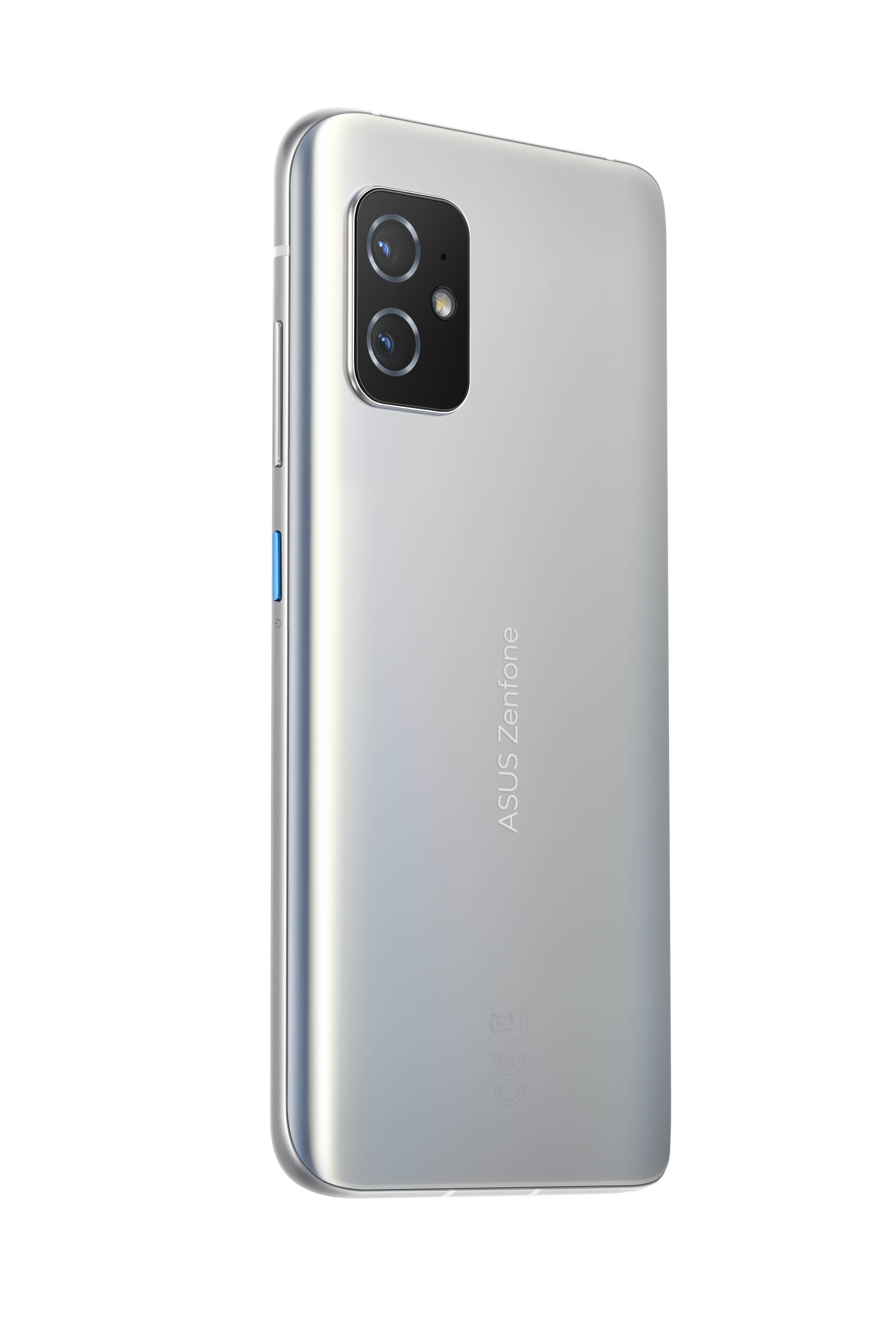 Ein silbernes Smartphone auf weißem Hintergrund. Das Telefon hat eine Kamera und das ASUS Zenfone-Logo.