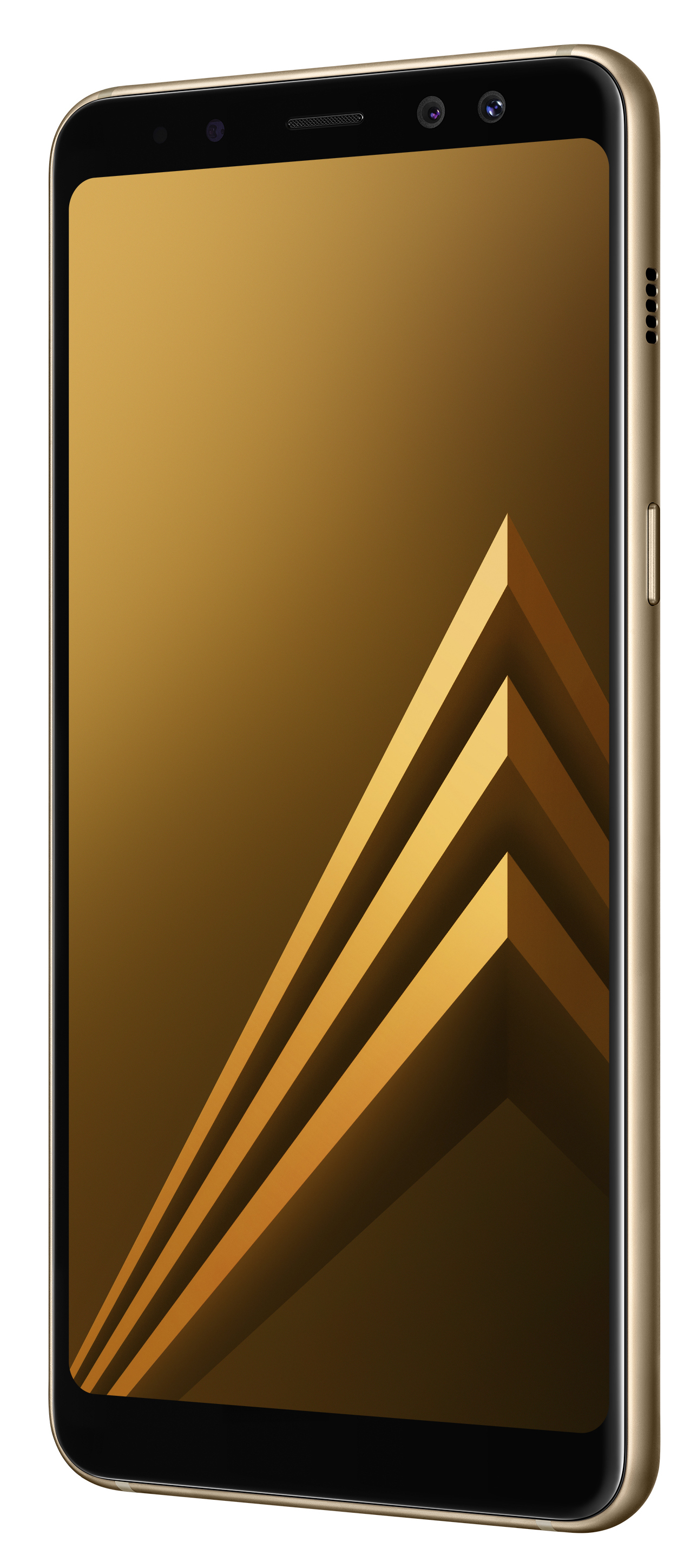 Ein goldfarbenes Smartphone im Winkel, das einen goldenen Farbverlauf mit abstrakten Goldlinien zeigt.