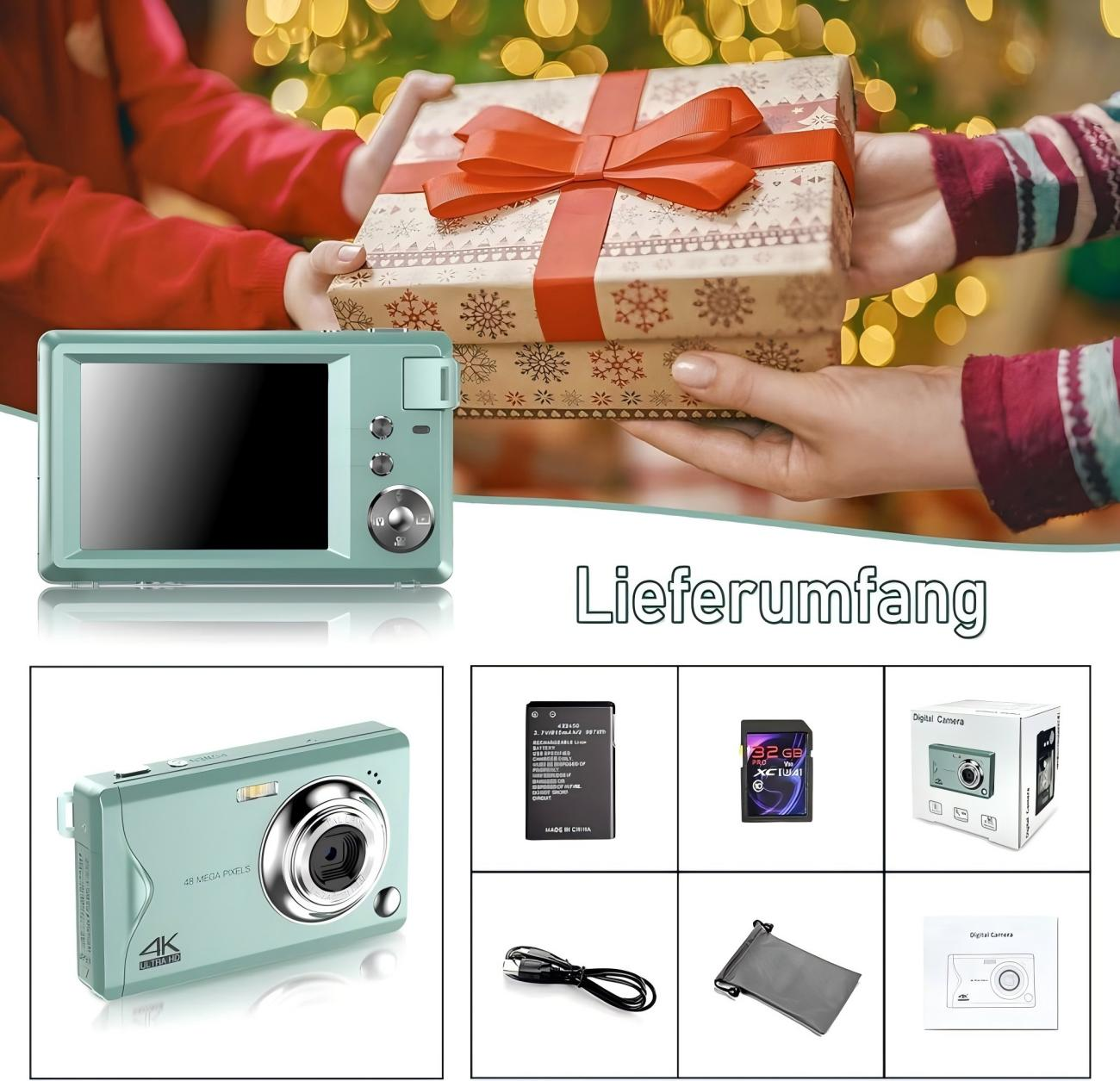 Eine türkisblaue Digitalkamera mit Zubehör. Eine Person gibt im Hintergrund ein Geschenk.