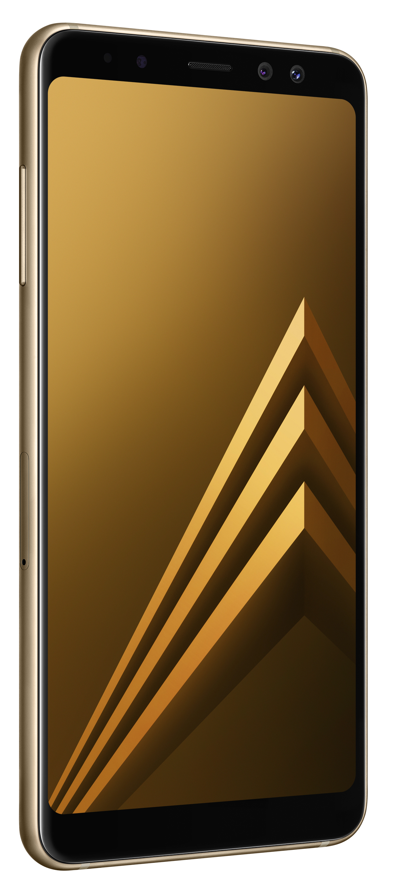 Goldenes Smartphone mit großem Bildschirm, leicht angewinkelt. Goldene Ränder mit schwarzem Bildschirm.