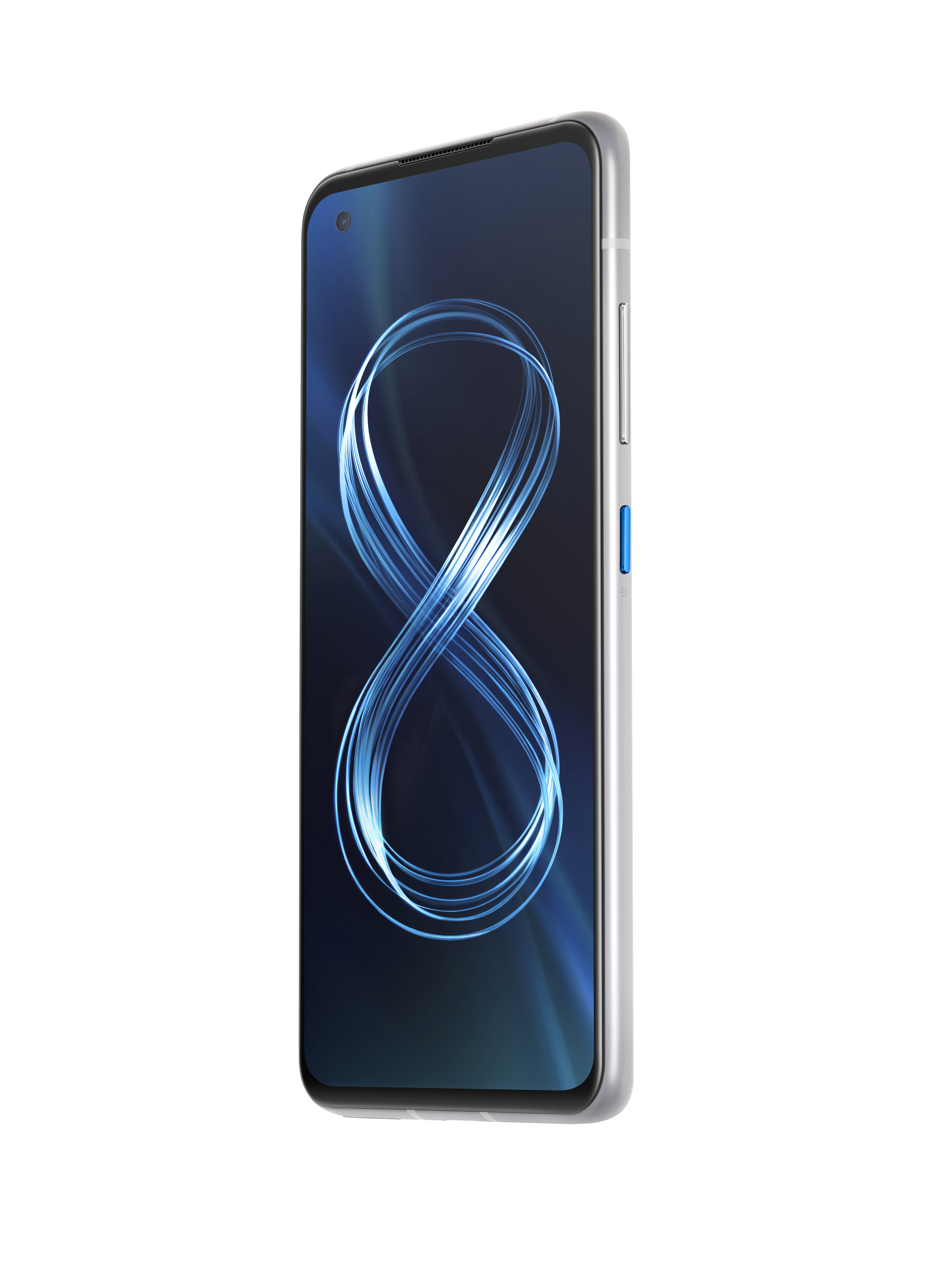 Silbernes Smartphone mit gebogenem Unendlichkeitszeichen auf dem Bildschirm, blauer Ein/Aus-Taste.