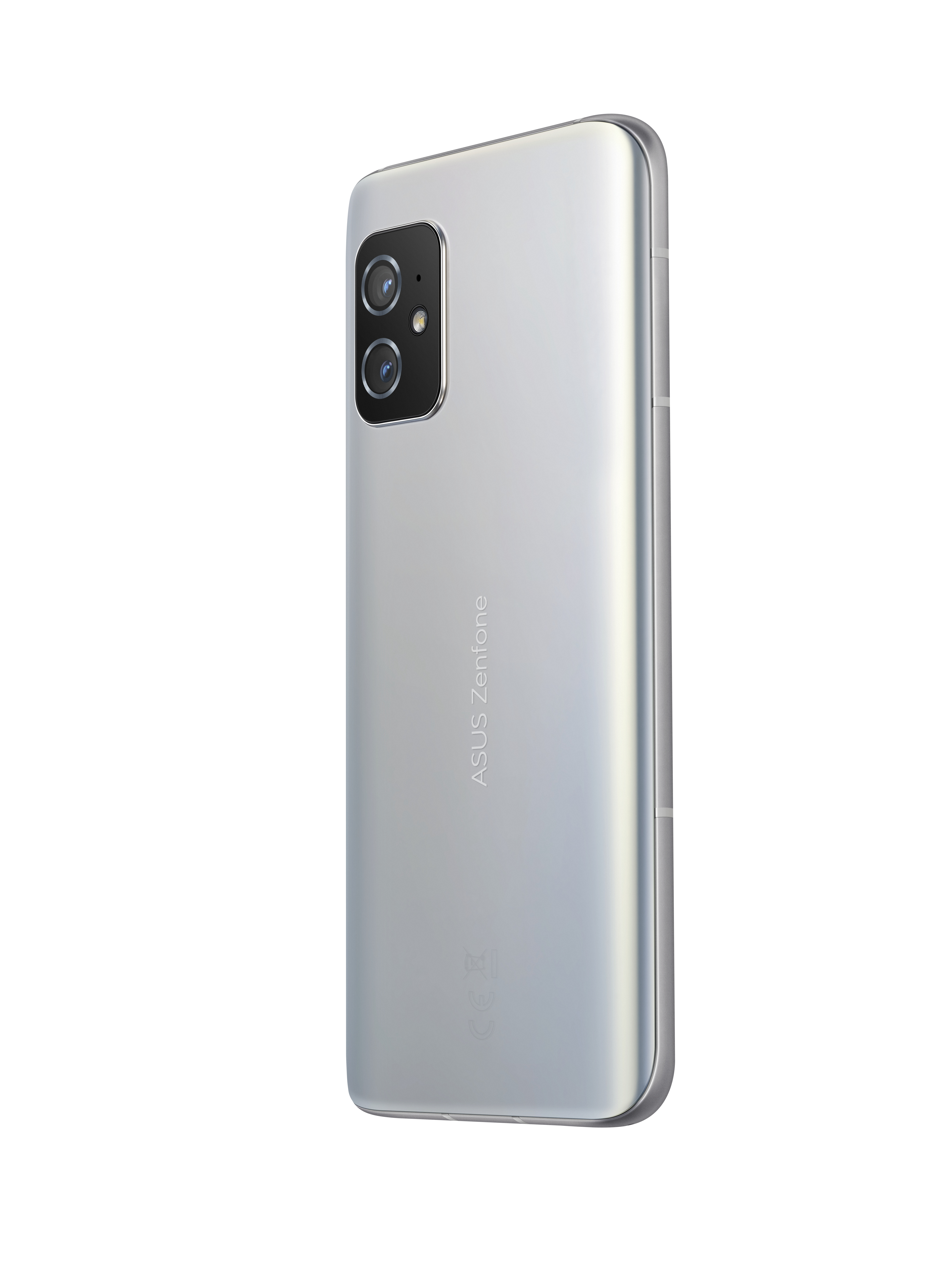 Ein silbernes Smartphone, von hinten in einem Winkel gesehen, das die Kamera und den Markennamen zeigt.