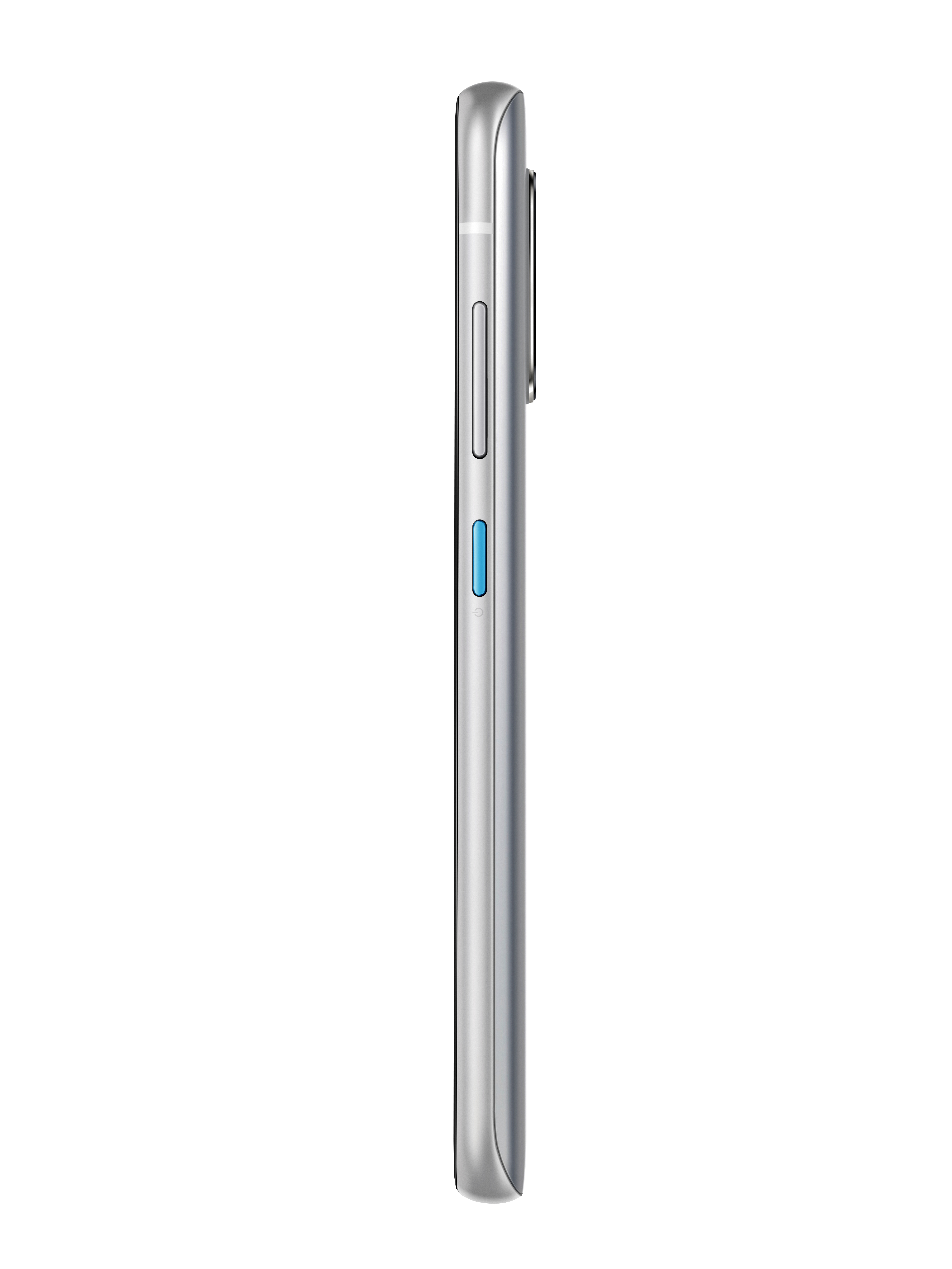 Ein silbernes Smartphone von der Seite gesehen, Knöpfe sichtbar.