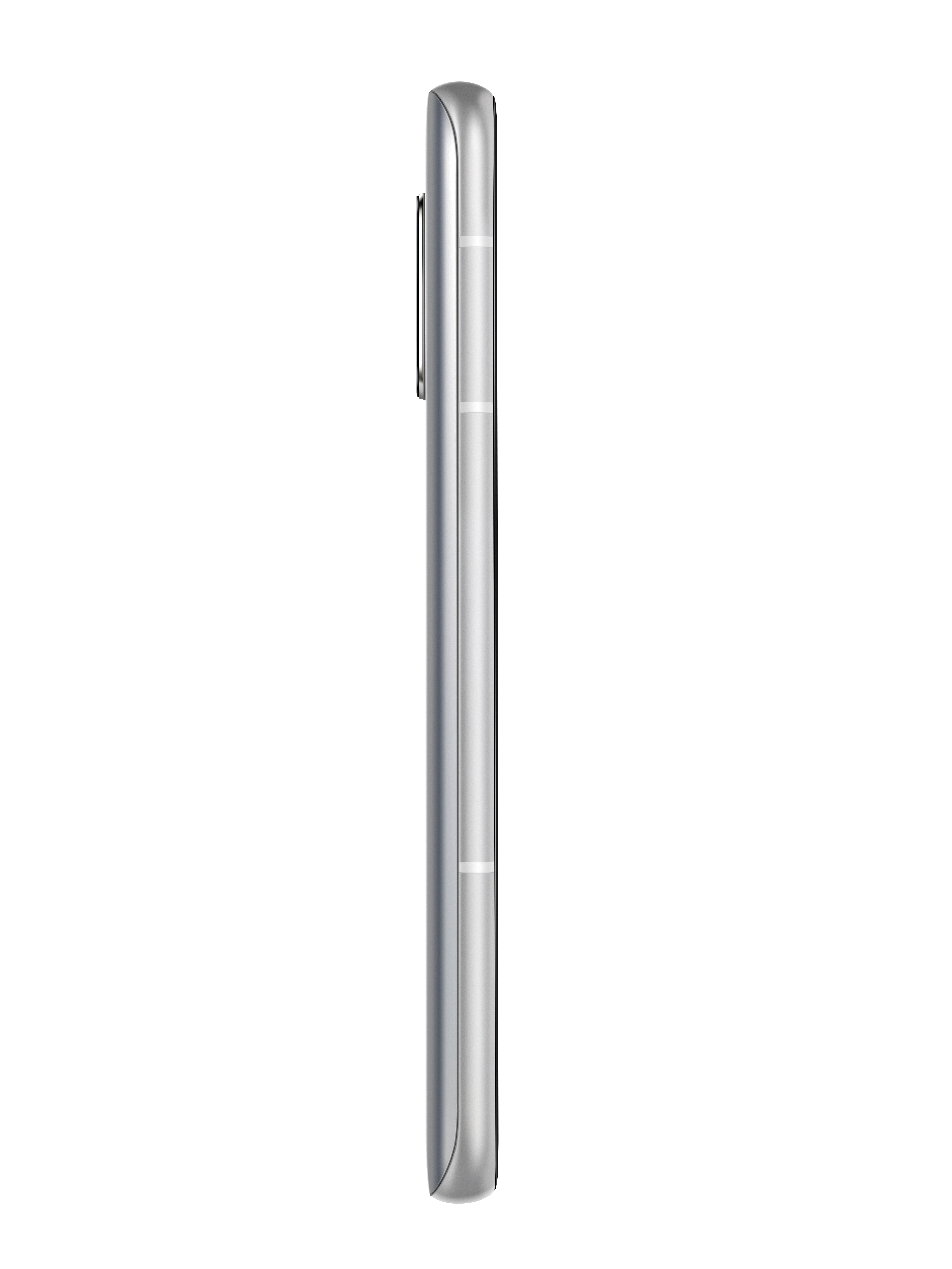 Seitenansicht eines silbernen Smartphones. Das Telefon ist schlank und modern.