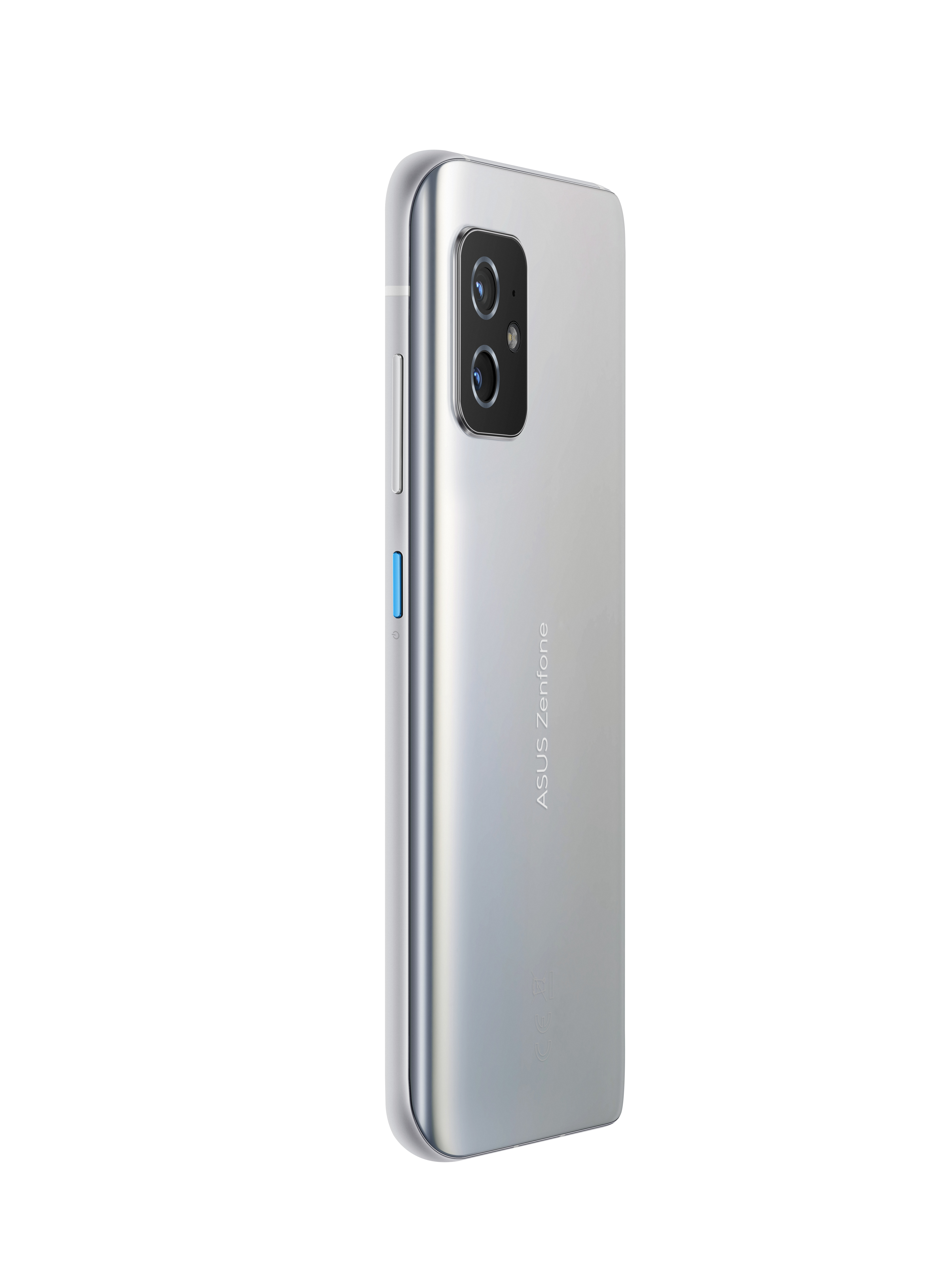 Ein silbernes Smartphone mit Dual-Kamera auf der Rückseite und seitlichen Tasten.