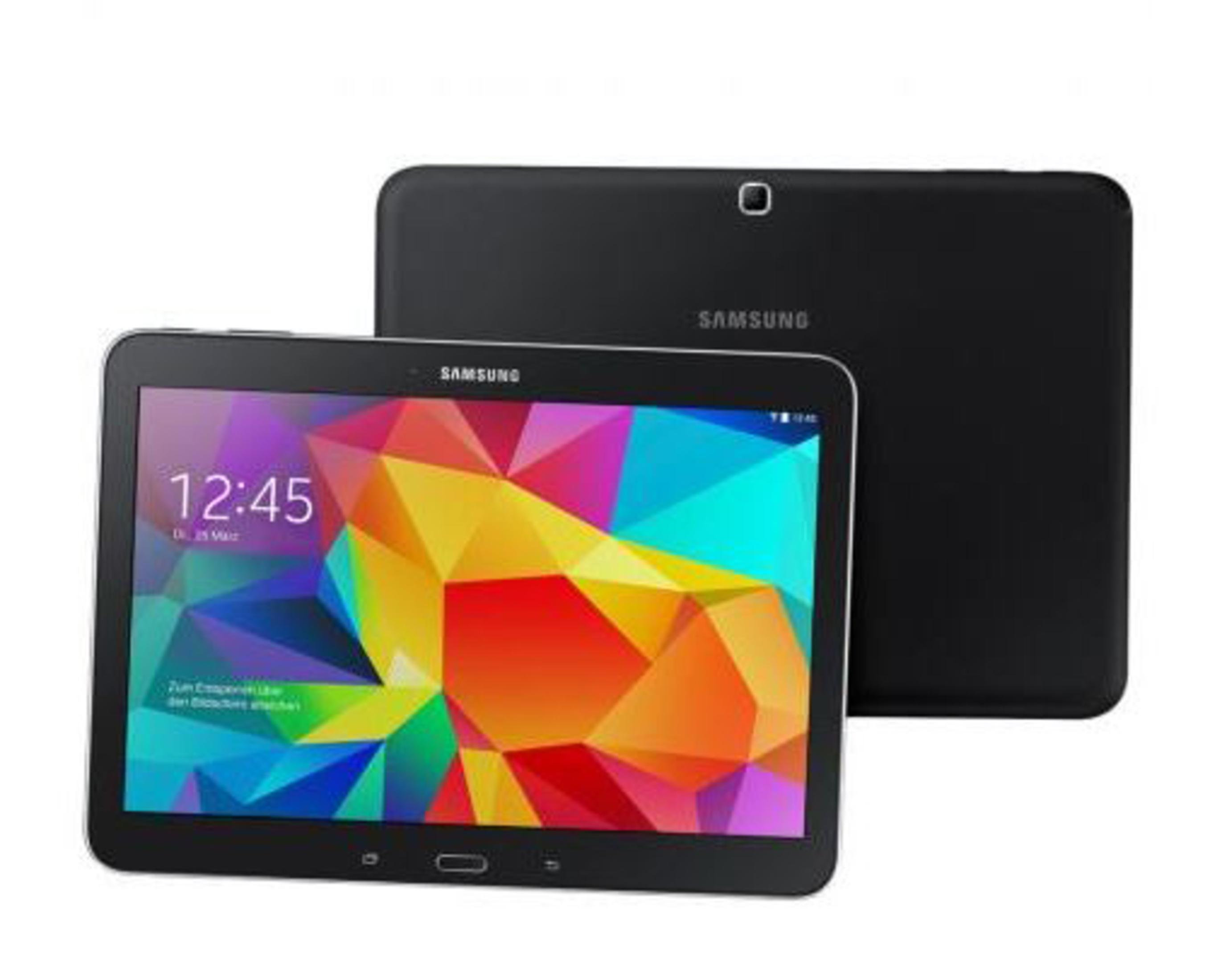 Ein schwarzes Samsung Tablet mit farbenfrohem Display. Dahinter liegt ein weiteres Tablet.