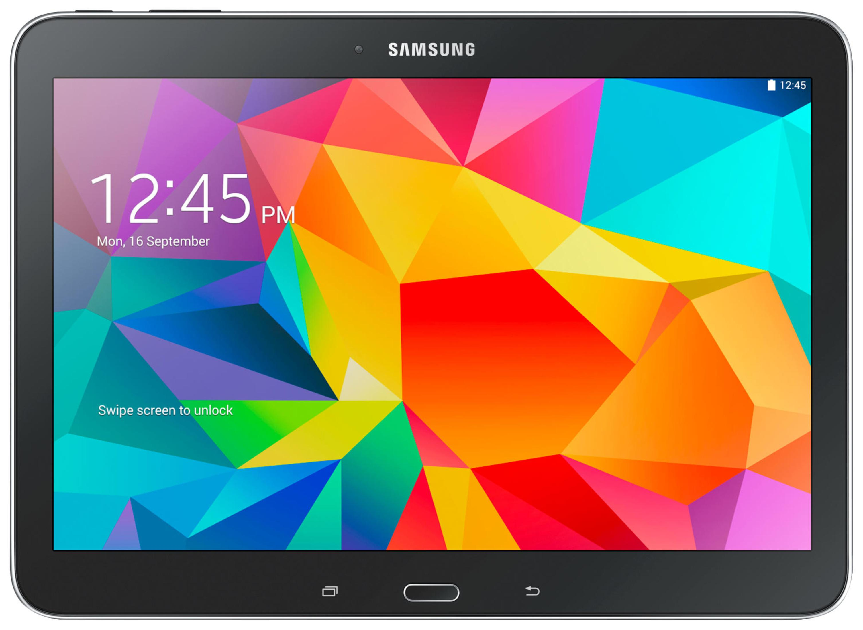 Schwarzes Samsung-Tablet mit buntem, abstraktem Hintergrund und angezeigter Uhrzeit.