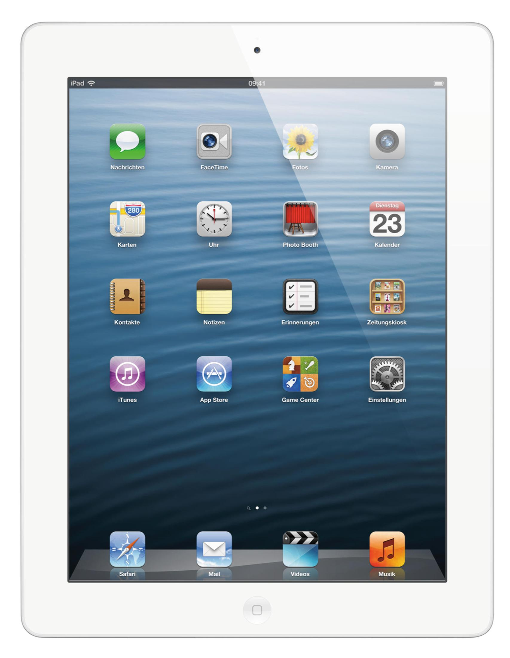 Weißer iPad-Bildschirm, der verschiedene App-Symbole auf blauem Hintergrund anzeigt.