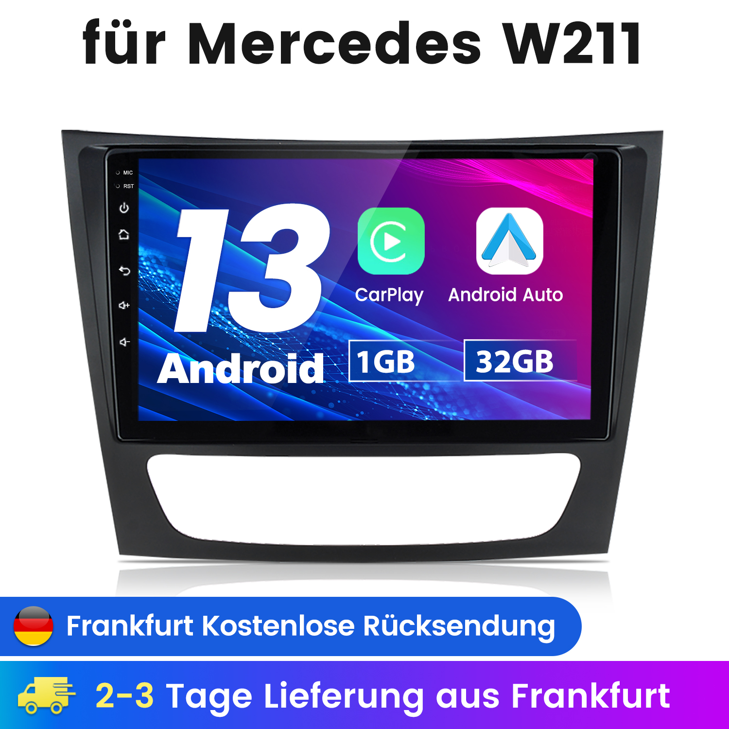 Auto-Multimedia-System. Display mit Android Auto, CarPlay Logos, Text und schwarzem Rahmen. Blauer Banner unten.