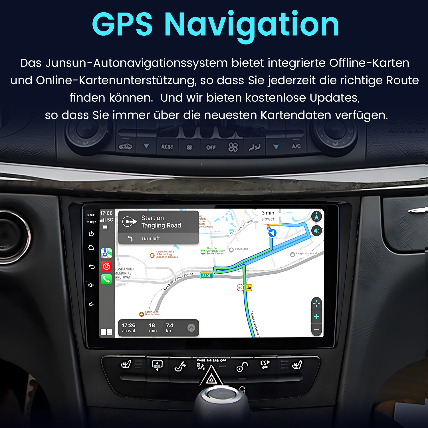 Armaturenbrett mit GPS-Navigationssystem, das Karte und Wegbeschreibungen anzeigt.