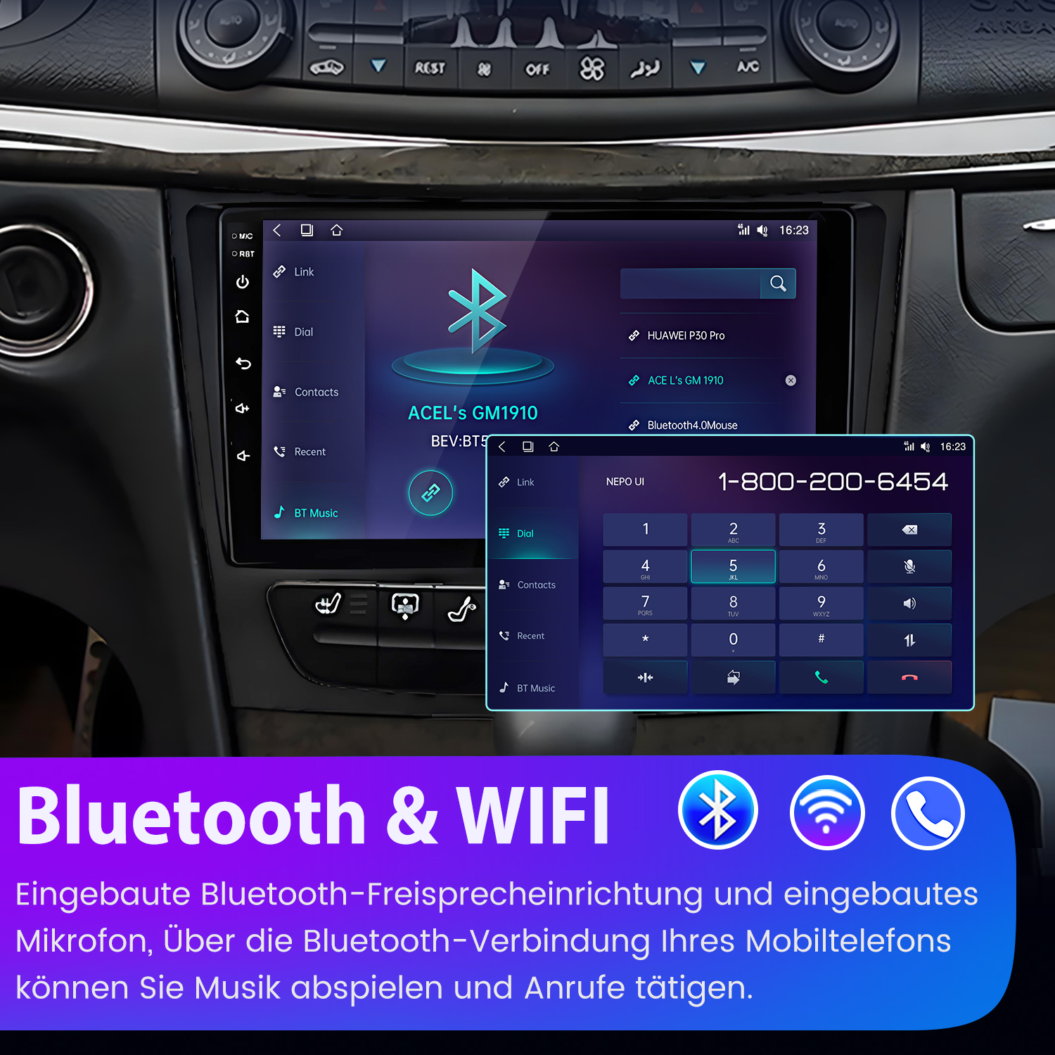 Auto-Armaturenbrett mit Display, das eine Telefonschnittstelle und eine Wähltastatur zeigt.