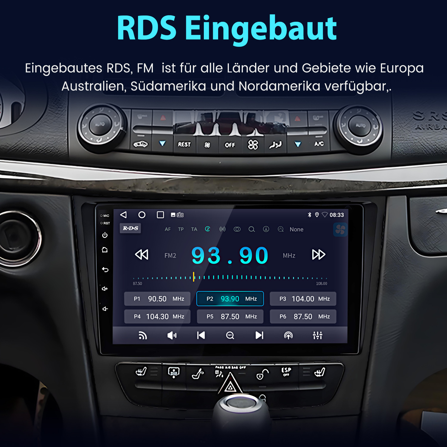 Autoanzeige mit Radioinformationen, mit einem Bildschirm, der Radiofrequenzen anzeigt. Der Bildschirm ist schwarz mit Farben.