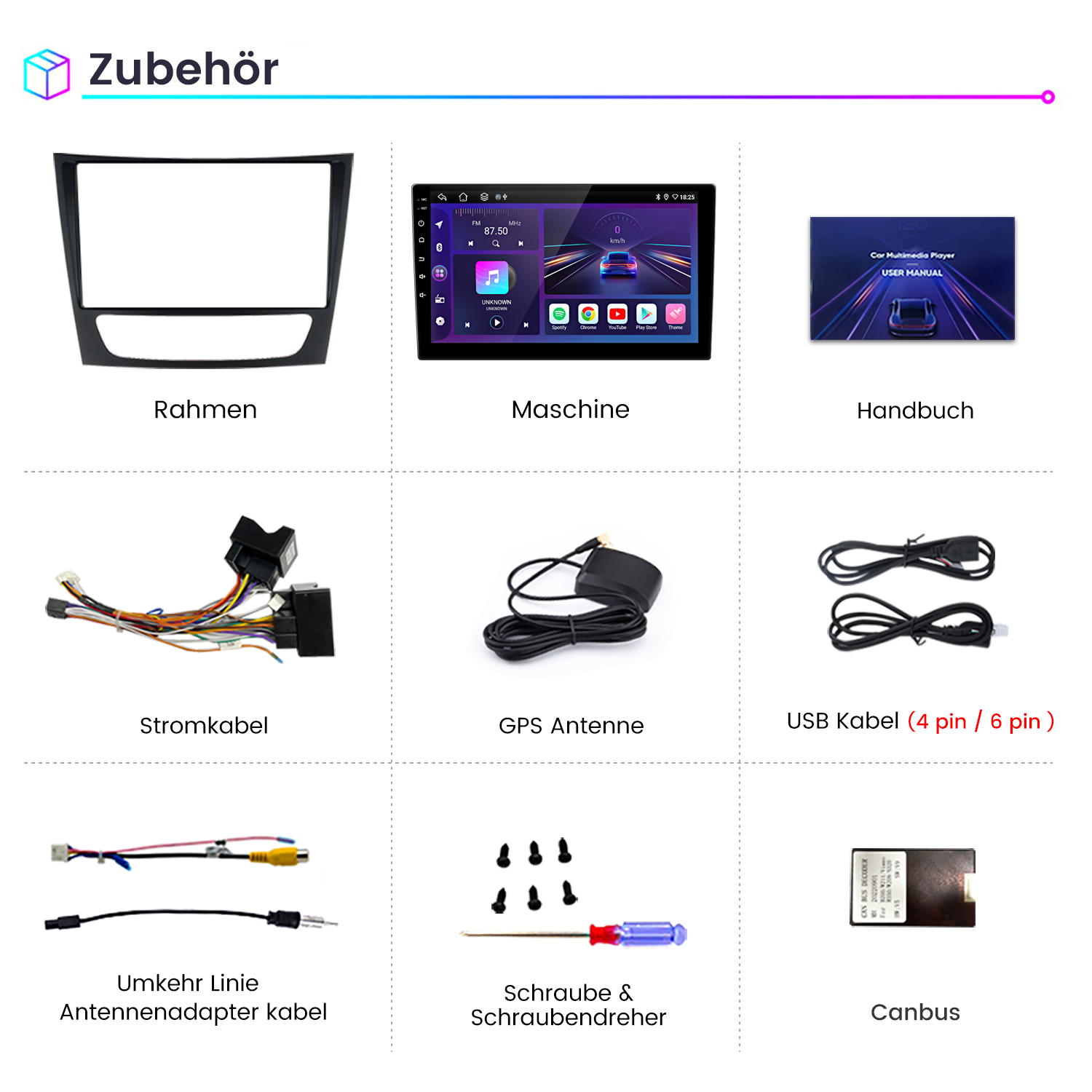 Sortiment an Car-Audio-Zubehör, darunter ein Rahmen, eine Maschine und Kabel.