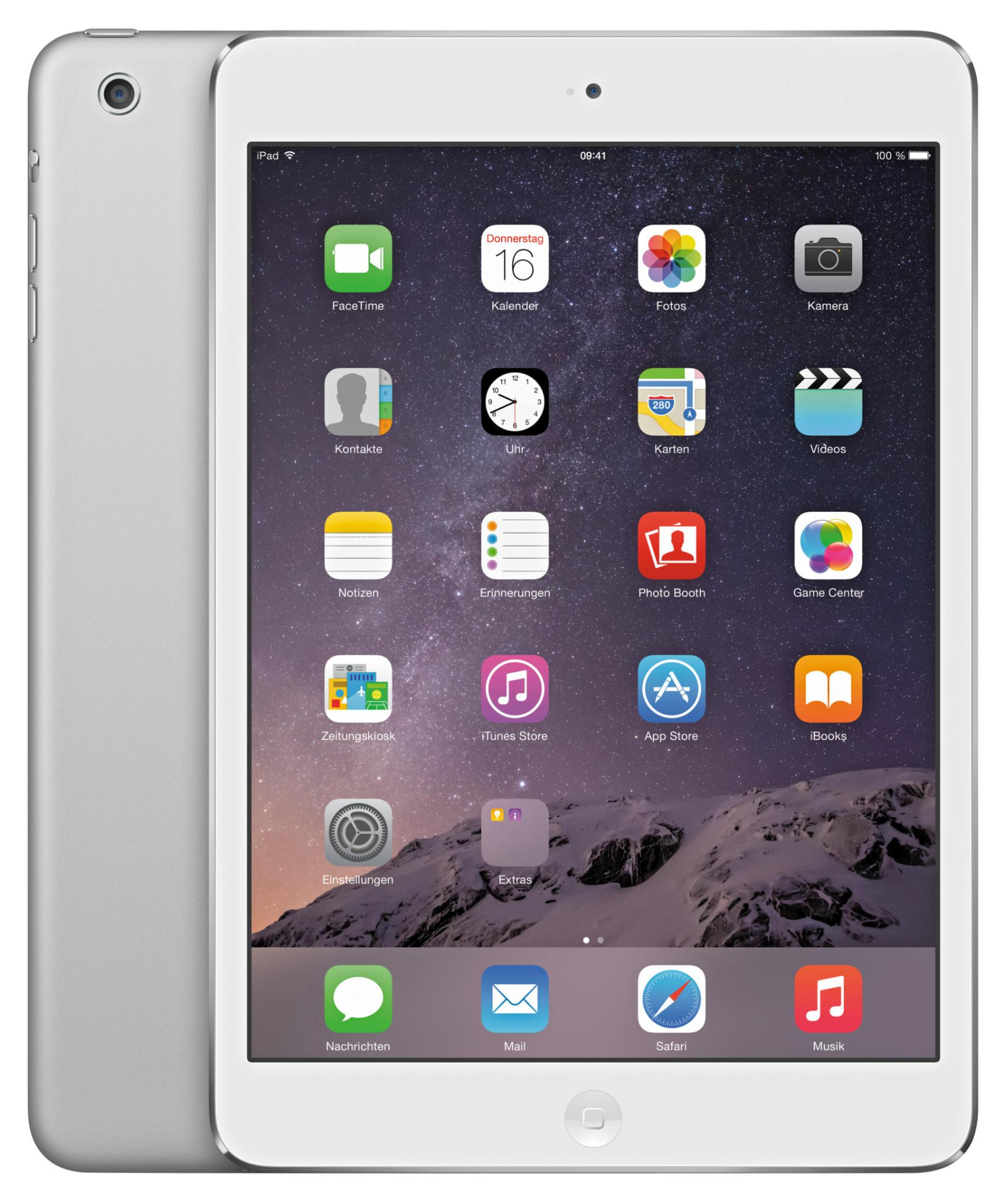 Ein iPad auf weißem Hintergrund, das den Startbildschirm mit Apps zeigt.