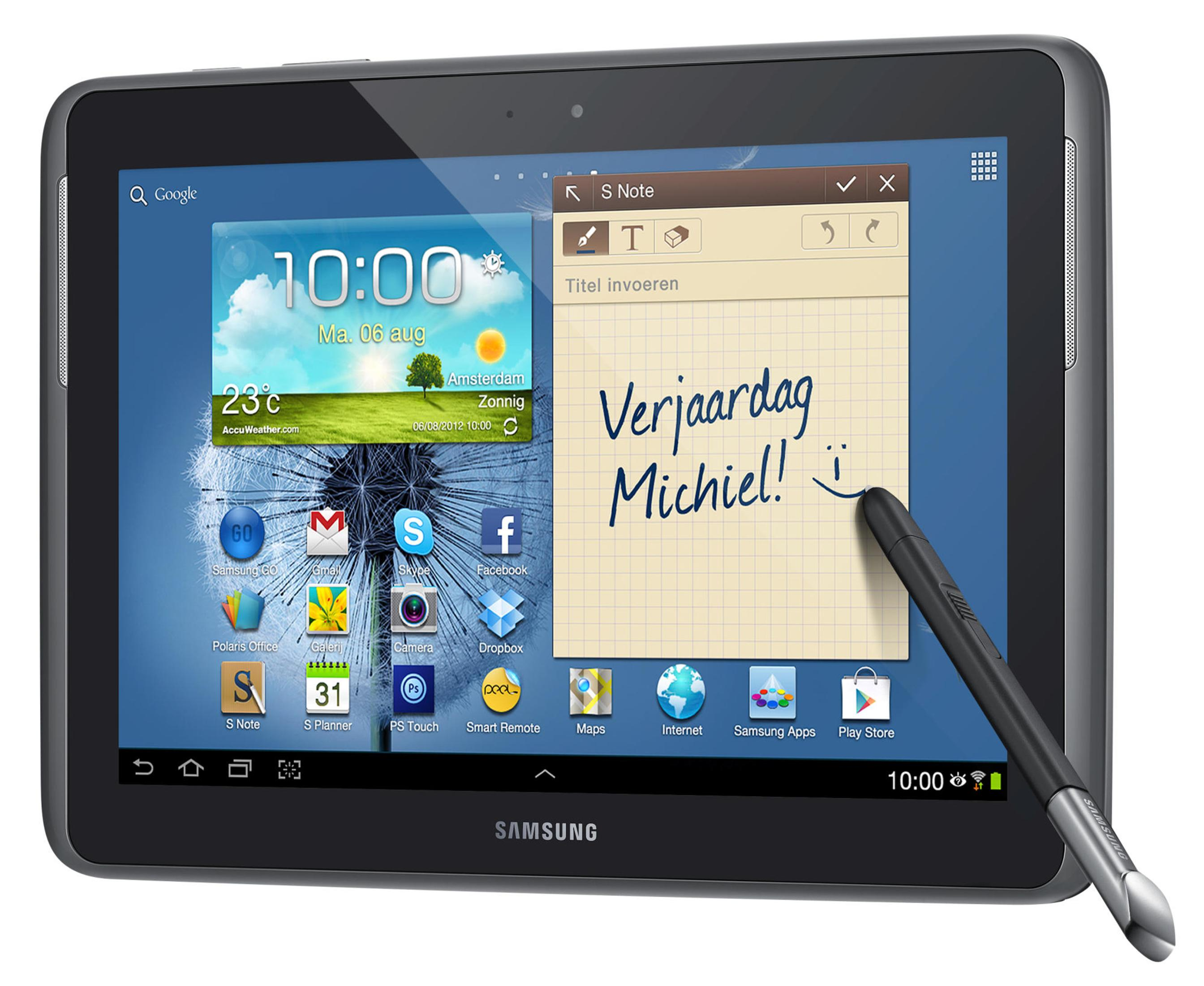 Samsung Tablet mit handschriftlicher Notiz „Alles Gute zum Geburtstag Michiel!'