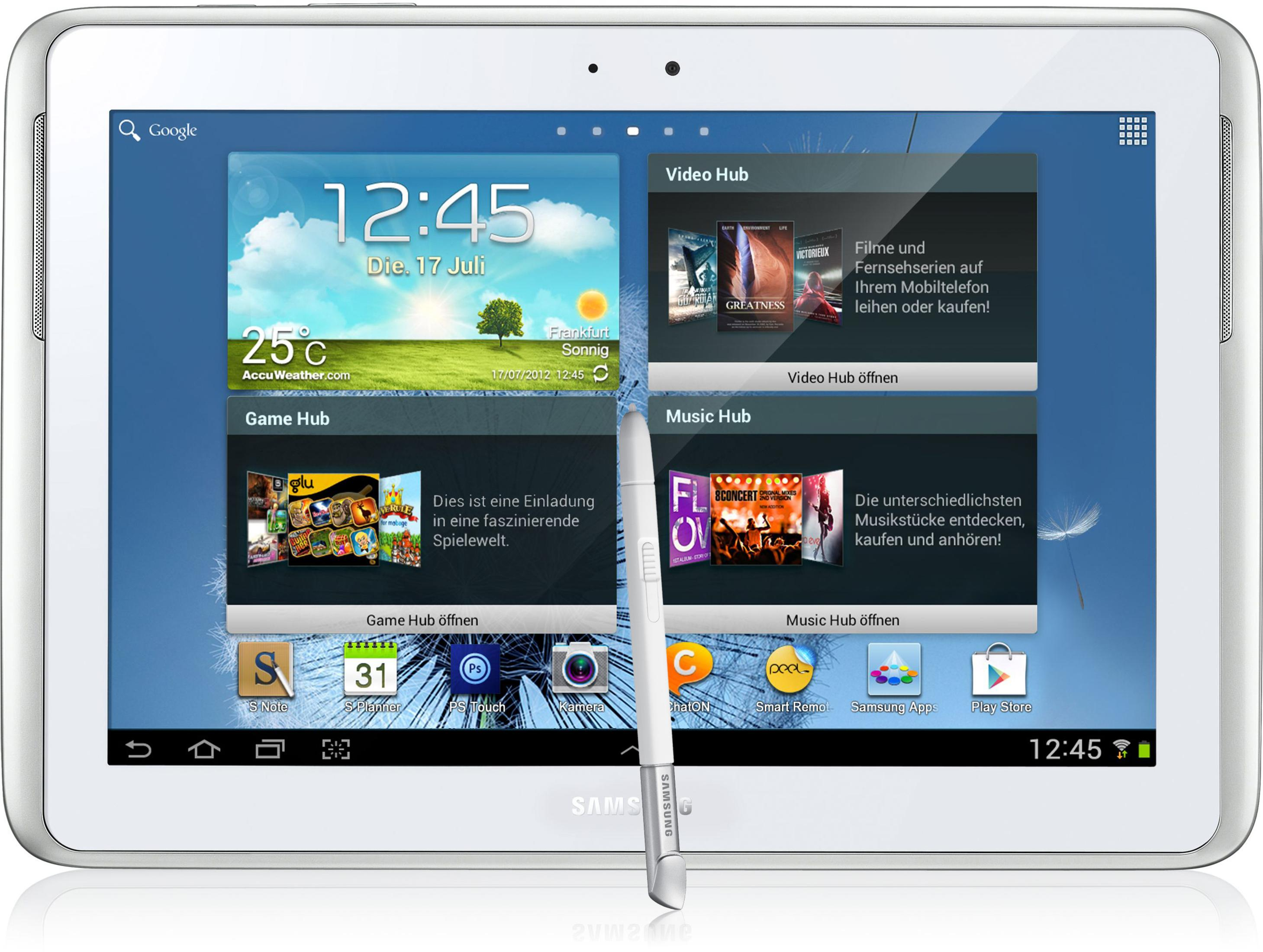 Weißes Tablet, das einen Startbildschirm mit Apps anzeigt. Stift vorhanden.
