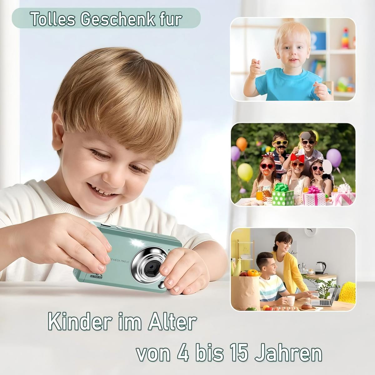 Junge hält Kamera mit Bildern von Kindern. Weißer Hintergrund.