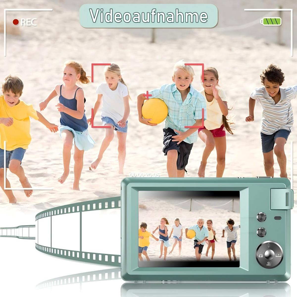 Kinder rennen am Strand; eine Kamera zeichnet sie auf. Die Kamera ist grün und hat einen Bildschirm.