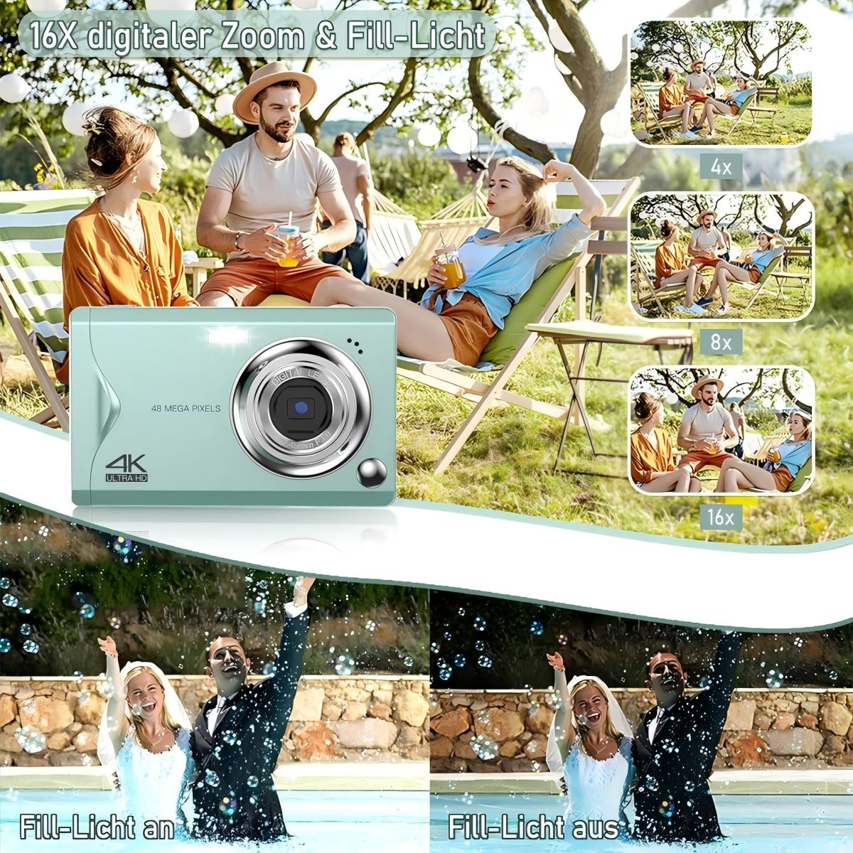 Eine türkisfarbene Digitalkamera mit Zoomfunktionen, die Menschen beim Fotografieren in verschiedenen Umgebungen zeigt.