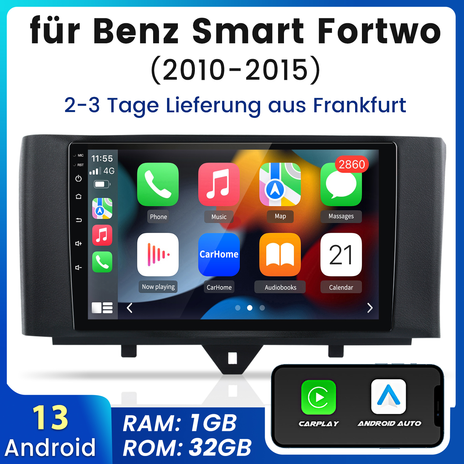 Autoradiobildschirm mit App-Symbolen. Darunter Text: Android 13, 1GB RAM, 32GB ROM. Ein Smartphone ist abgebildet.
