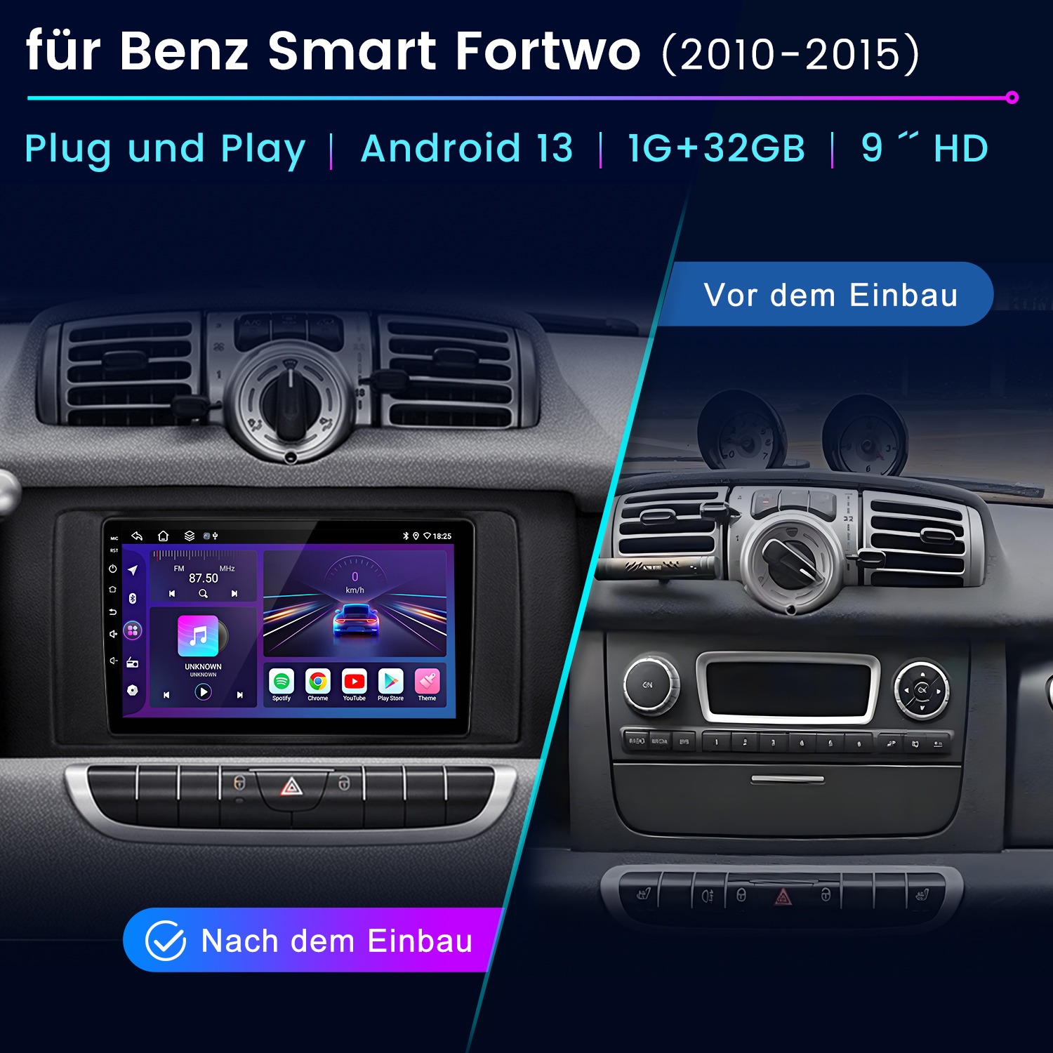 Armaturenbrett vor und nach der Installation eines neuen Bildschirms. Text auf Deutsch.